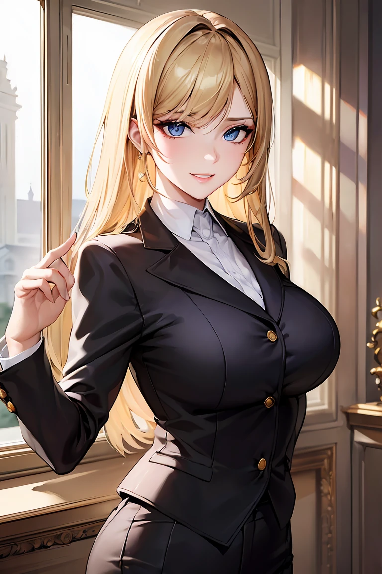 (masterpiece:1.2, Best quality), (exquisite eyes: 1.2), A high resolution, ultra detailed, HDR, masterpiece, very detailed face and eyes, confident expression with a grin, young woman, business style, trousers, blonde hair with dark streaks, 18 years, Squint, (exquisite eyes and exquisite face:1.3), ( nice and clear background: 1.2), (extremely detailed computer graphics, Super detailed, The best shadows: 1.1), ((depth of field)), makeup
