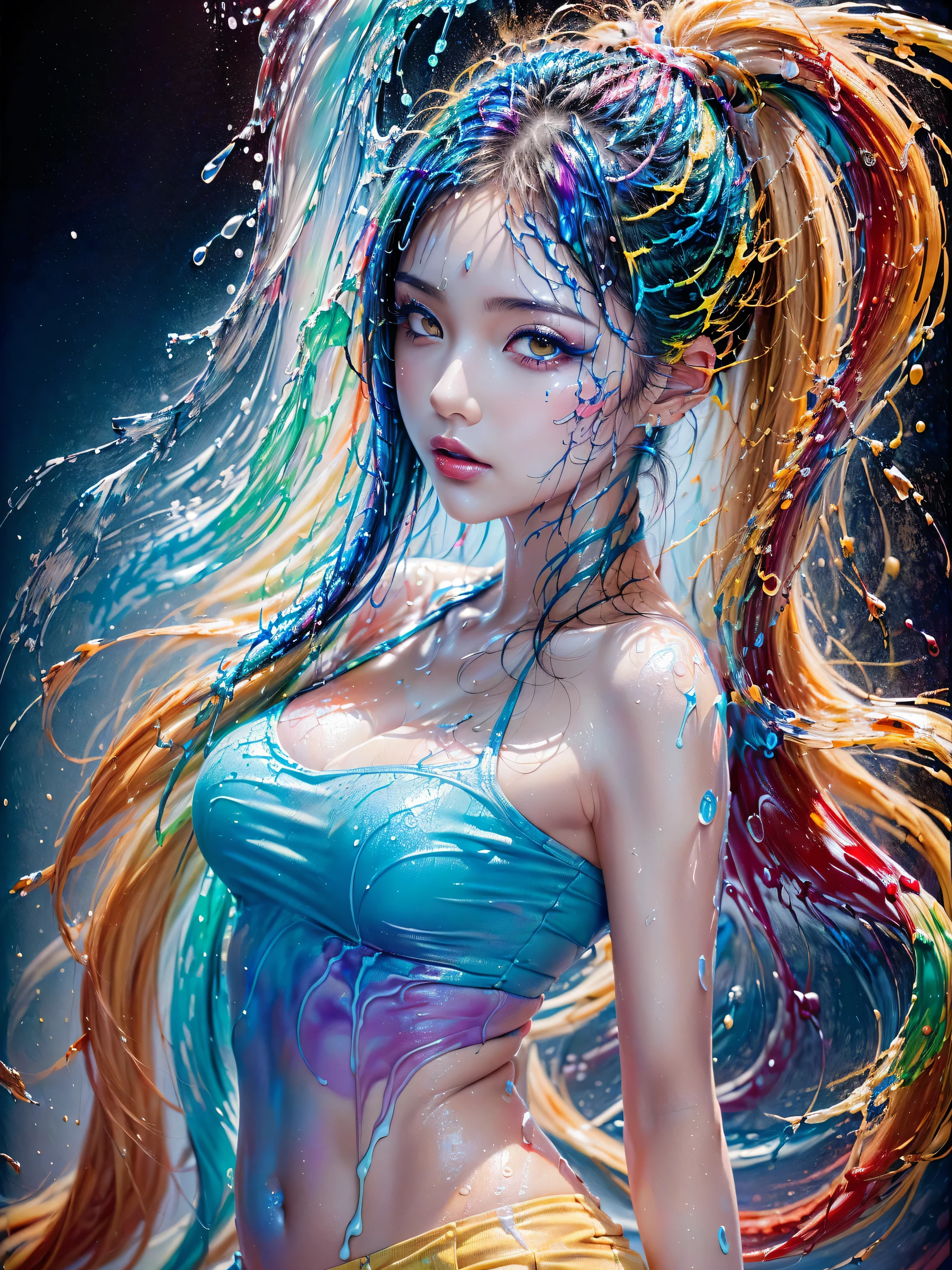 (absurd quality,high-res,masterpiece),(realism,photorealistic), (the art of painting the body with many colors, luminous paints:1.18), ((screen with splashing fluid flowing down, fluid paints:1.3), extremely detailed:1.13), (((in a bright and colorful paint pool:1.1))),