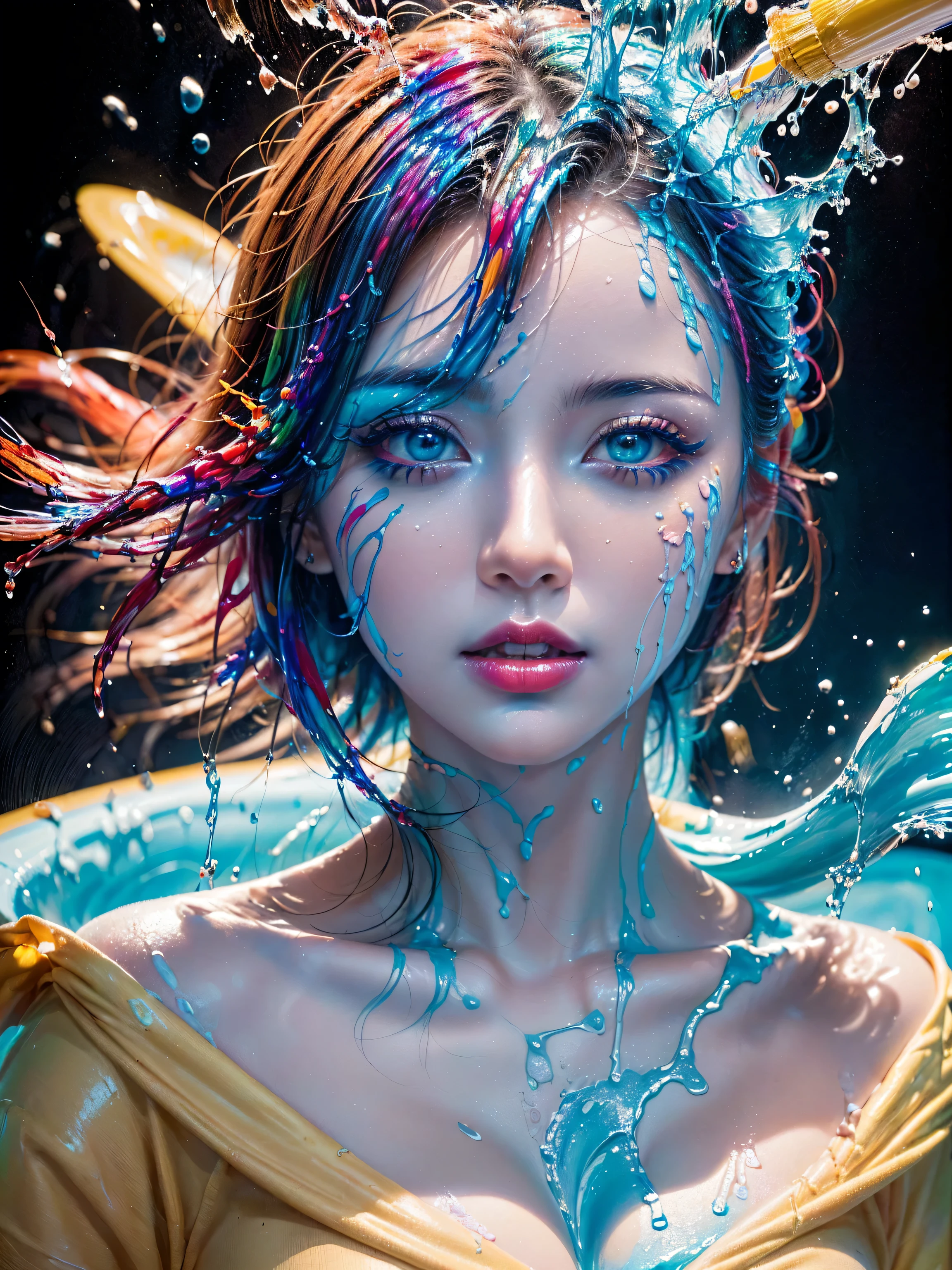 (absurd quality,high-res,masterpiece),(realism,photorealistic), (the art of painting the body with many colors, luminous paints:1.18), ((screen with splashing fluid flowing down, fluid paints:1.3), extremely detailed:1.13), (((in a bright and colorful paint pool:1.1))),
