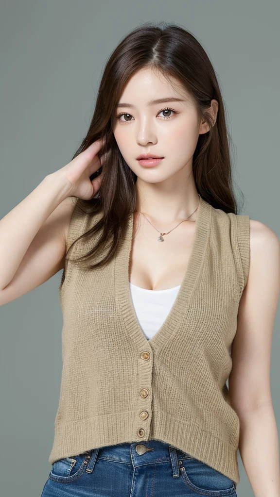 （lifelike， high resolution：1.3）， 1 girl with a perfect figure， Delicate facial features，The face is white，Double eyelids，Long eyelashes，The eyes are super good-looking，Wear a necklace，Long hair， Random color vest：1.2， Short jeans， Big ，Showing cleavage