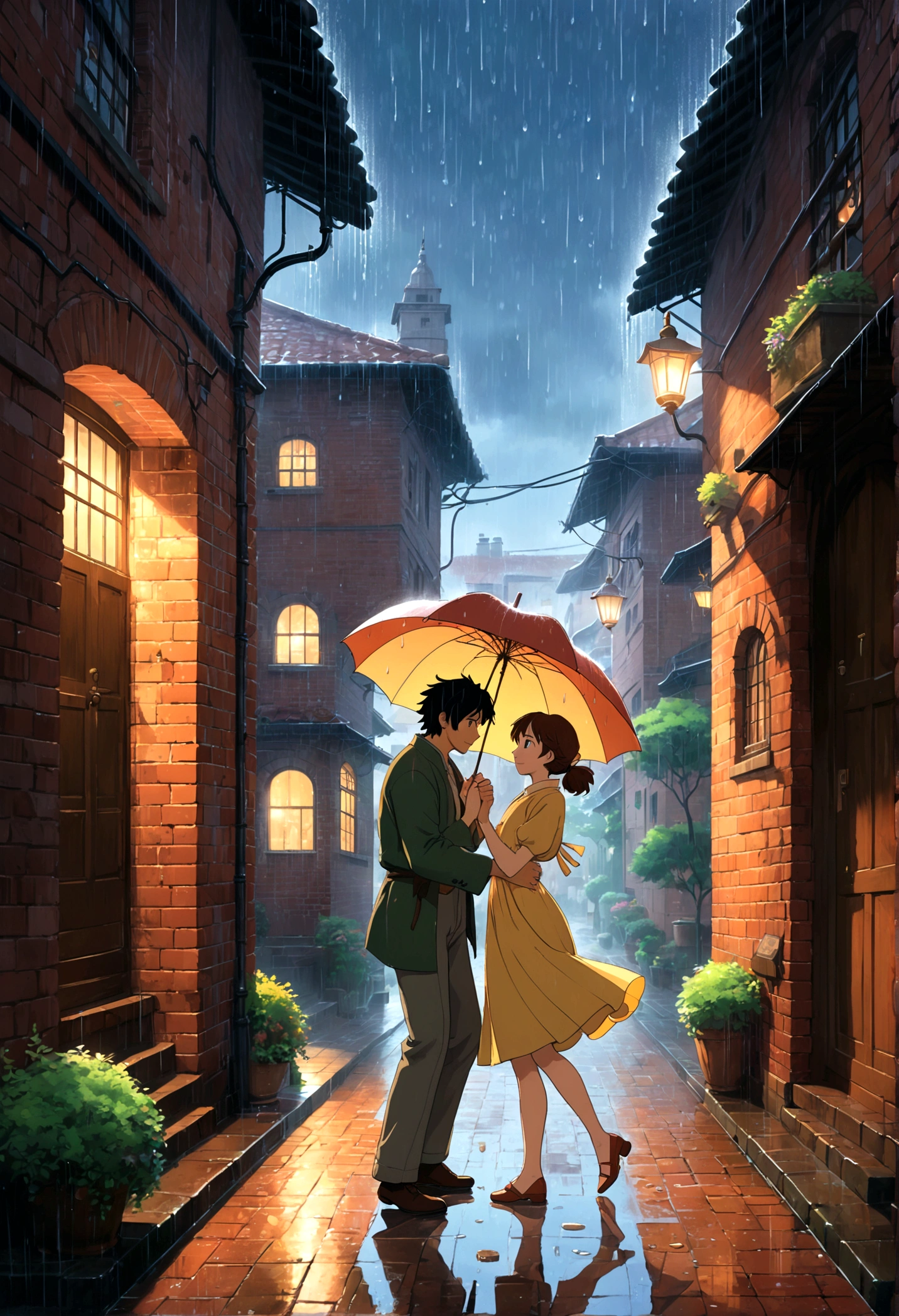 (Ghibli style, Dancing in the Rain), A couple is dancing in the park after rain. They are wearing lightweight dance clothes, surrounded by wet grass and flickering lights. The breeze blows, bringing a hint of coolness. The background is the park after rain, full body, (anime style illustration), panoramic view, award-winning, cinematic still, emotional, vignette, dynamic, vivid, (masterpiece, best quality, Professional, perfect composition, very aesthetic, absurdres, ultra-detailed, intricate details:1.3)