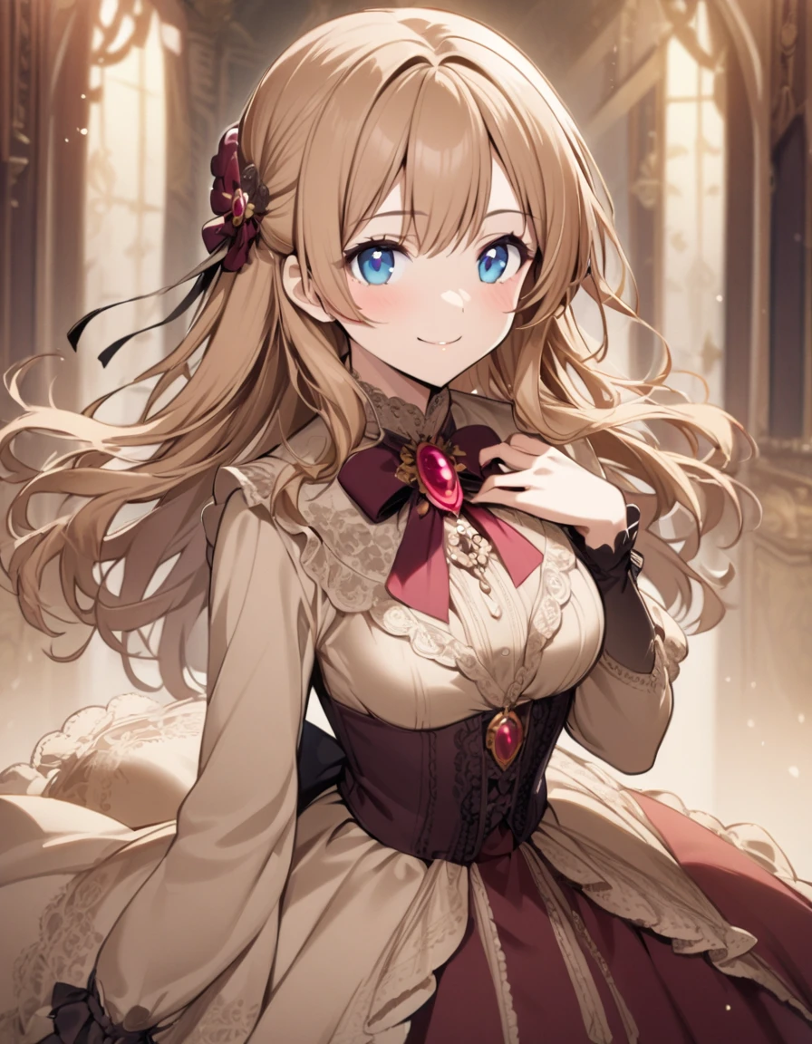 1girl,light brown color medium length hair,blue eyes,kind smile,medium breasts,ruby brooch,victorian dress,