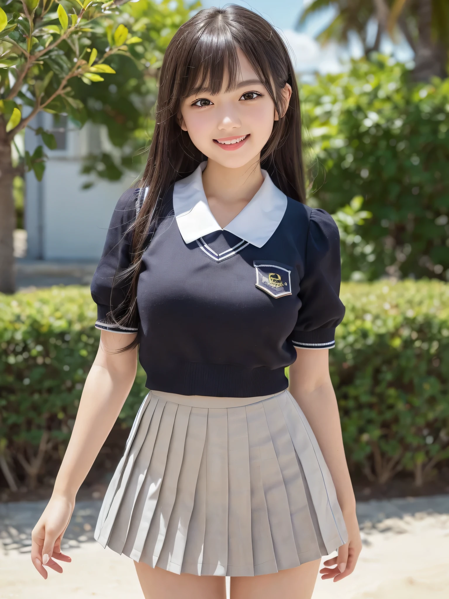 cute, kawaii, (round eyes:1.2), (highly detailed face and eyes), (big smile), Amazing face and eyes, (school uniform, pleated mini skirt:1.3), (Best Quality:1.4), (Ultra-detailed), (extremely detailed CG unified 8k wallpaper), Highly detailed, High-definition raw color photos, Professional Photography, Realistic portrait, summer, (beach), (fine face:1.2),