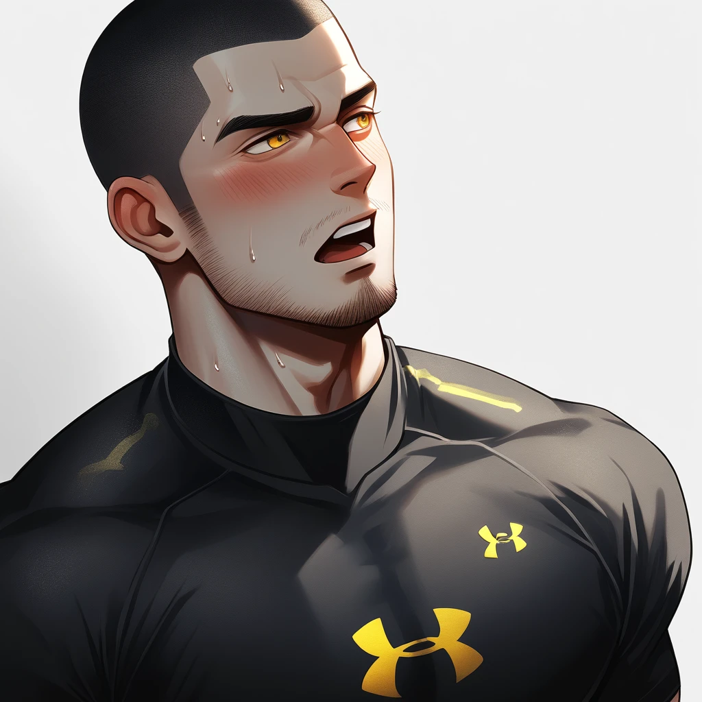 1muscular sportsman, Athlete，male focus, Buzz Cut, Yellow and black tight T-shirt, One Under Armour Logo，Very tight, muscular male, muscular, only, Upper body, alone, look to the side, short hair, stubble, sweat, black hair, Yellow eyes, open lips, White background, simple background, amazing quality, best aesthetics, Ridiculous, crew cut, moaning, blush, clair obscur, cinematic lighting, best quality, textured skin
