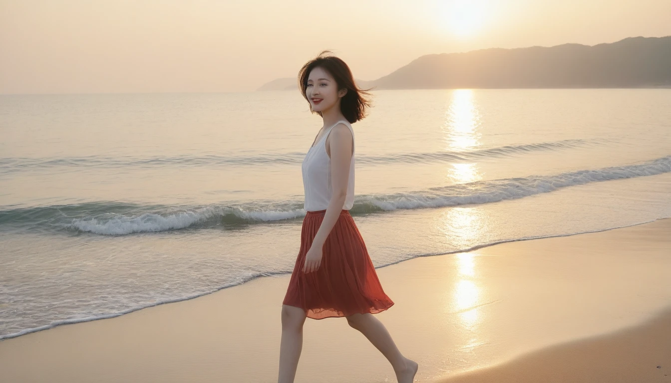 sunset red sun on the beach,A strong lingering scent is reflected in the sea., Beautiful 36-year-old short Korean woman, Chest size 34 inches, Wear sleeveless, light skirt. beautiful pretty woman look , wearing a light skirt , Go far into the sea water and dip your toes., Short medium hair blowing in the wind, 1 short woman, beautiful eyes, a little smile, Full-body photo taken from afar with a wide-angle lens, The background is clear and perfect., waves moved by the wind