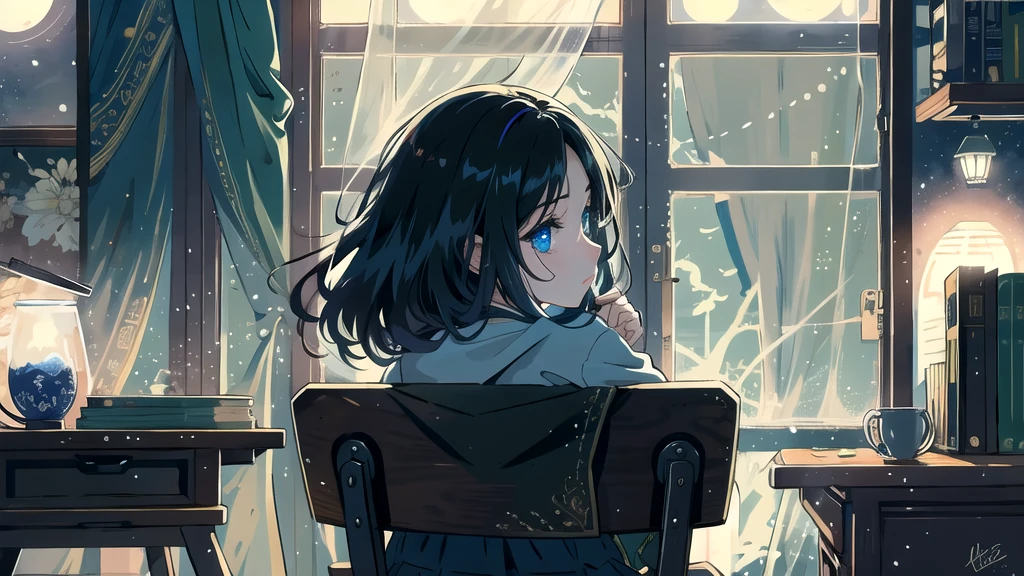 Create an illustration of a girl with black hair and blue eyes, sitting in a chair in front of a desk, Sentimental, Introspective look。, The moonlight gently shines into the room, Gently illuminate the space, Curtains sway in the wind, Increase tranquility, Dark mood, Emphasise the theme of loneliness, silence, And the depths of night, The room is dark、dimly lit by the moonlight