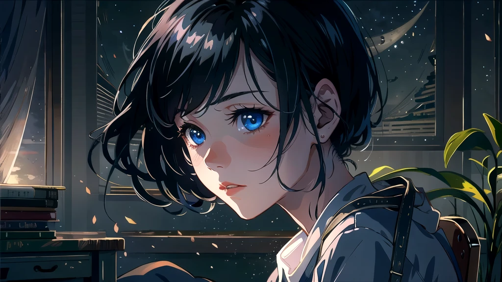 Create an illustration of a girl with black hair and blue eyes, sitting in a chair in front of a desk, Sentimental, Introspective look。, The moonlight gently shines into the room, Gently illuminate the space, Curtains sway in the wind, Increase tranquility, Dark mood, Emphasise the theme of loneliness, silence, And the depths of night, The room is dark、dimly lit by the moonlight
