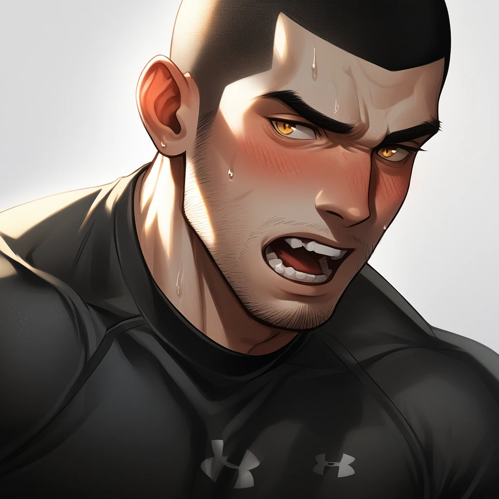 1muscular sportsman, Athlete，male focus, Buzz Cut, Yellow and black tight T-shirt, One Under Armour Logo，Very tight, muscular male, muscular, only, Upper body, alone, look to the side, short hair, stubble, sweat, black hair, Yellow eyes, open lips, White background, simple background, amazing quality, best aesthetics, Ridiculous, crew cut, moaning, blush, clair obscur, cinematic lighting, best quality, textured skin