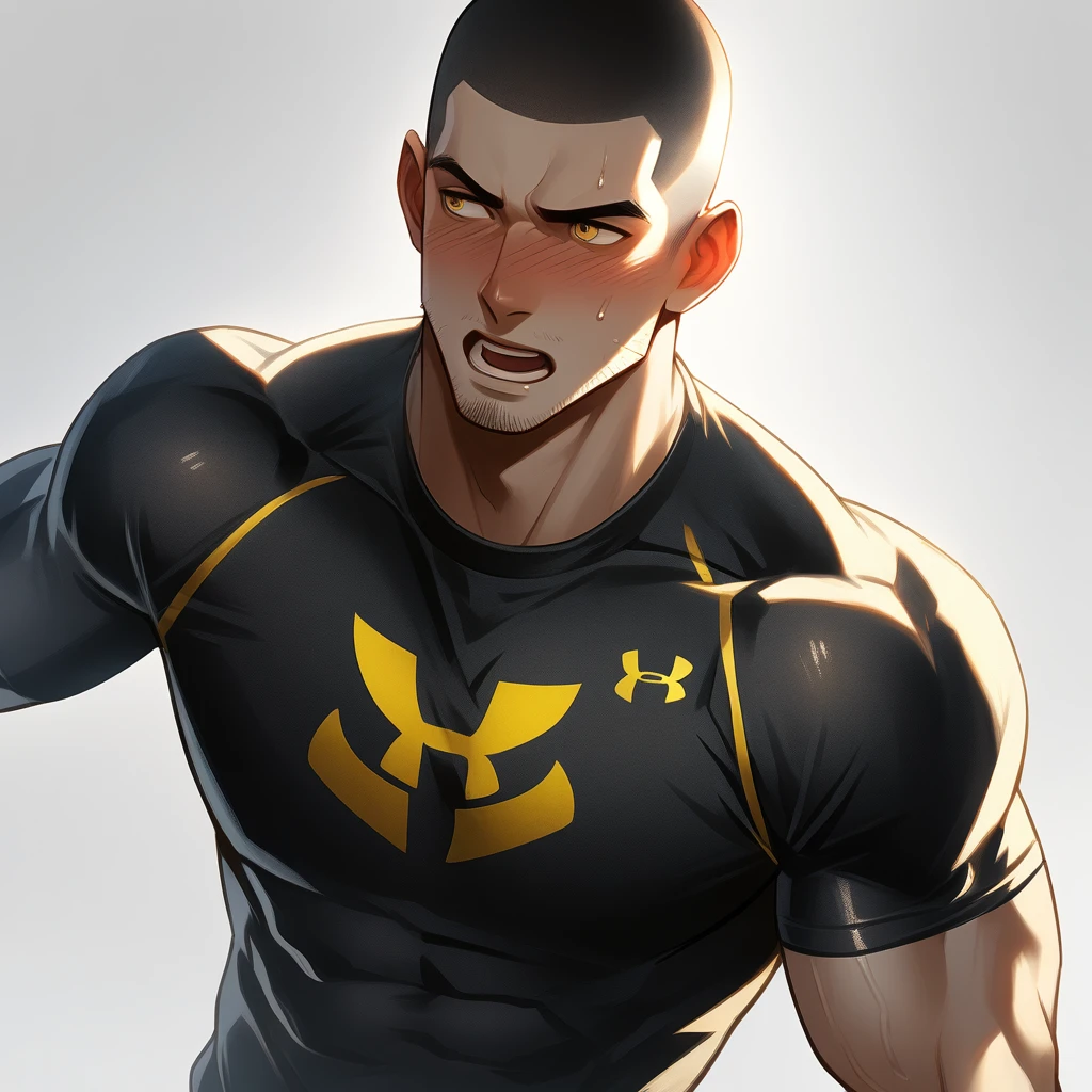 1muscular sportsman, Athlete,male focus, Buzz Cut, Yellow and black tight T-shirt, One Under Armour Logo,Very tight, muscular male, muscular, only, Upper body, alone, look to the side, short hair, stubble, sweat, black hair, Yellow eyes, open lips, White background, simple background, amazing quality, best aesthetics, Ridiculous, crew cut, moaning, blush, clair obscur, cinematic lighting, best quality, textured skin