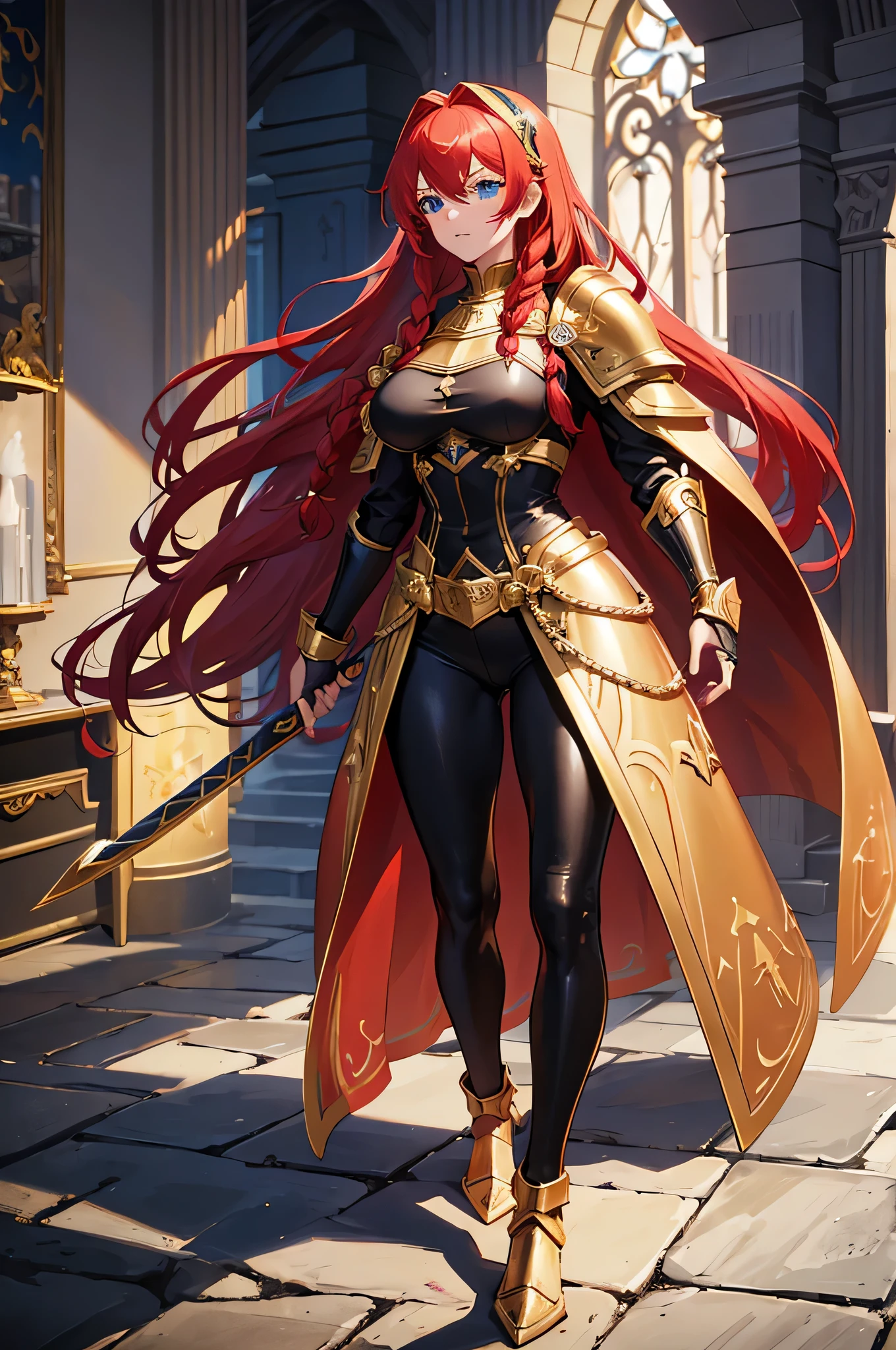 4K,High resolution,One Woman,Red Hair,long hair,Braid,Blue Eyes,Big Breasts,knight,Golden Armor,Full Armor,Golden gloves,Golden shoes,Red Cape,Black leggings,Jewelry decoration,hair band,Long sword,Inside a medieval castle
