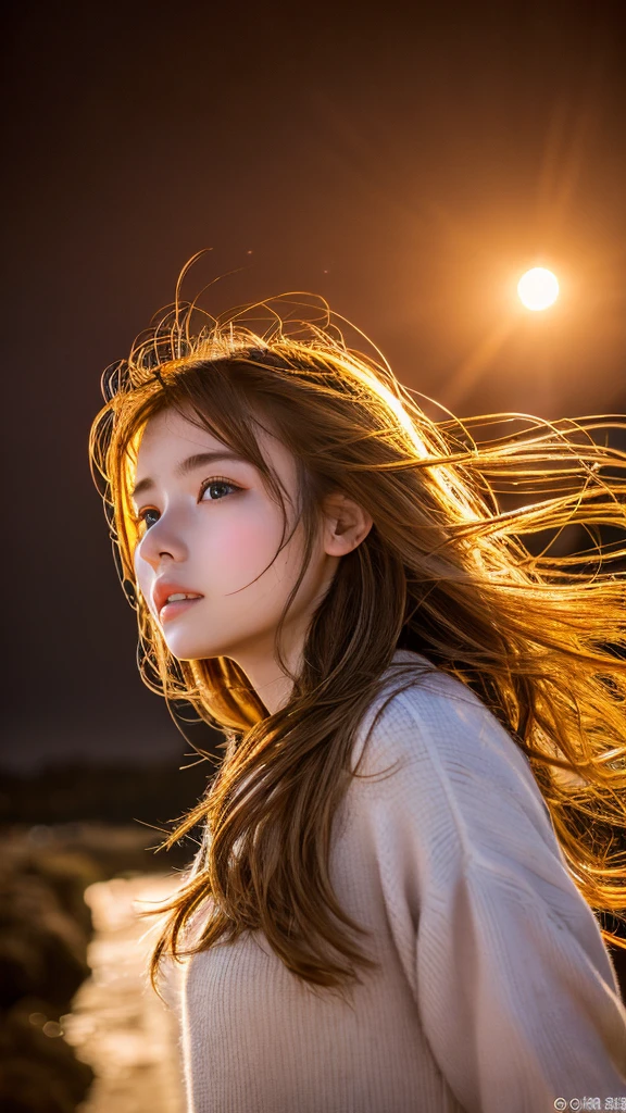 ((hair blowing in the wind、No makeup:1.2))、(realistic、Photoreal、super detailed、best detailed skins、highest quality、masterpiece、超A high resolution)、cute russian woman、14 years、high school girl、young girl、1 girl、have bangs、ash blonde:1.7、double eyelid、drooling eyes、Japanese style face、purity、realistic肌タイプ、fluffy hair、red cheeks、The wind is blowing、night、illumination、lighting from behind、hair blowing in the wind