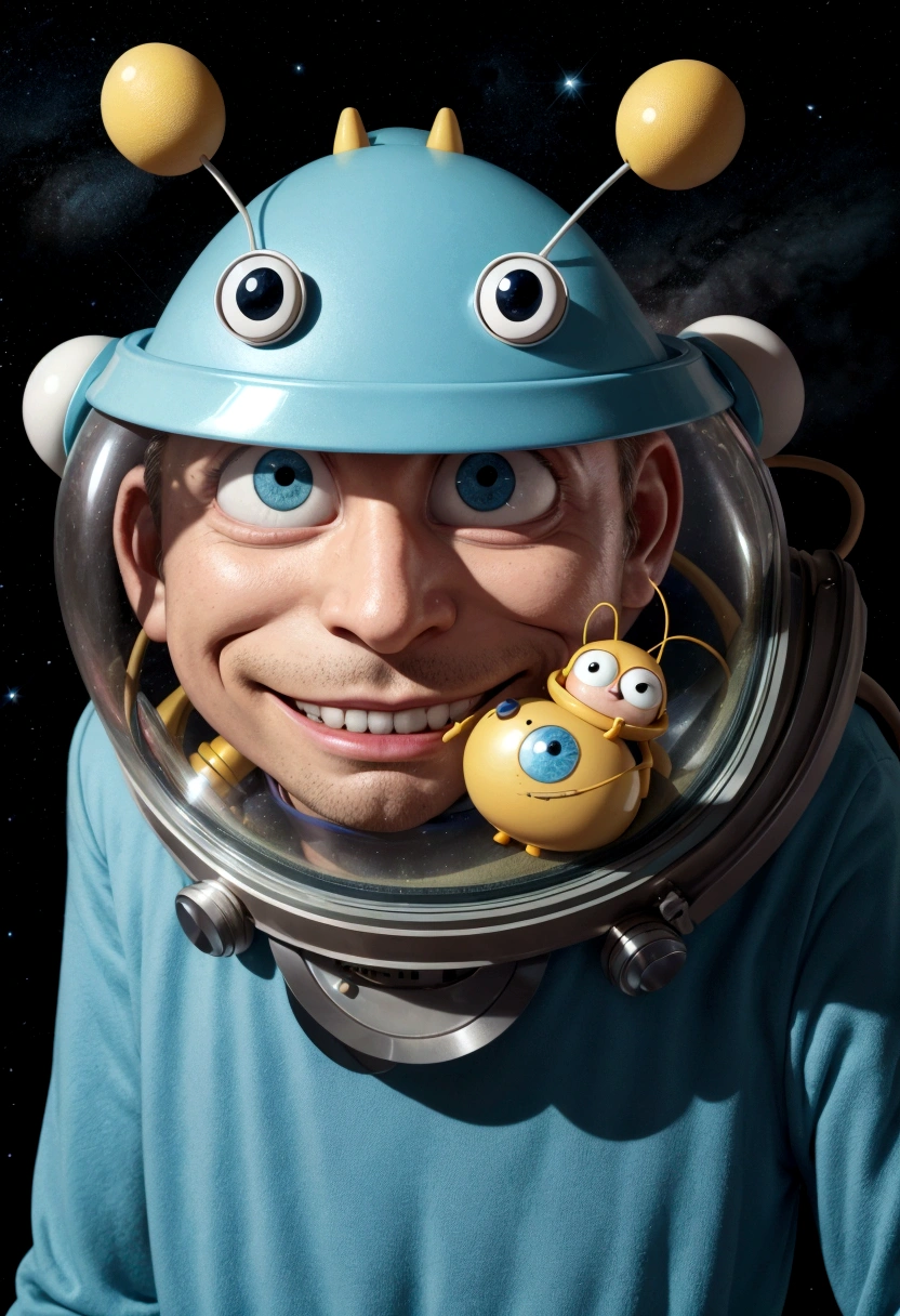 Character from a Hanna-Barbera cartoon, reddit, animation character, 60s cartoon space helmet, Cartoon image, anthropomorphic character, ant alien, hairpods, button eyes, no nose, grin, pixar, diffraction spikes, cowboy shot, 8K