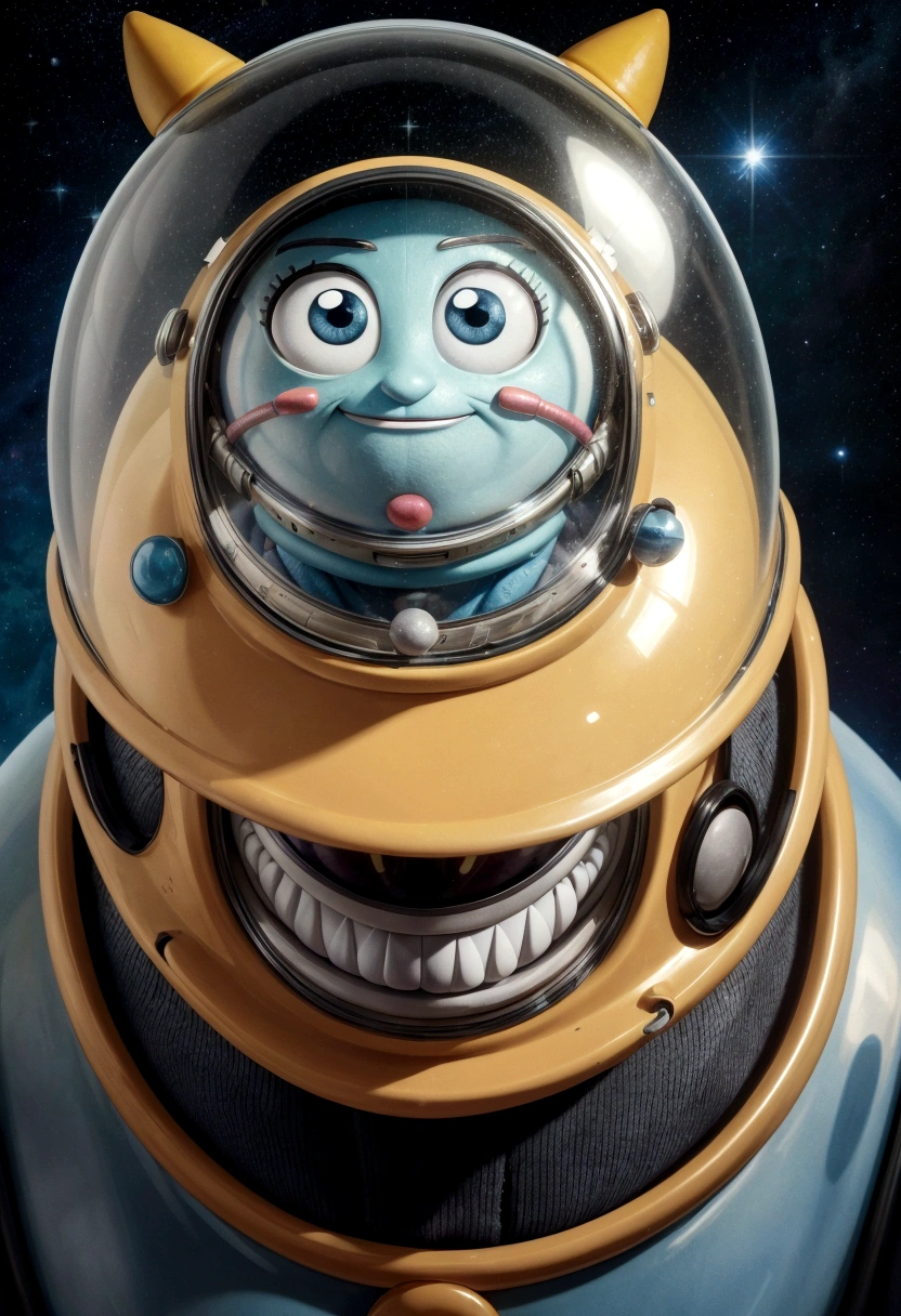 Character from a Hanna-Barbera cartoon, reddit, animation character, 60s cartoon space helmet, Cartoon image, anthropomorphic character, ant alien, hairpods, button eyes, no nose, grin, pixar, diffraction spikes, cowboy shot, 8K