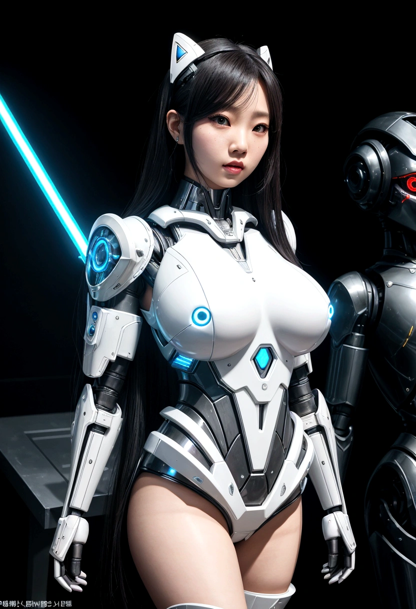 asian woman, standing, stop FRONT VIEW, tez blanca, korean, tits, futuristic clothing, modern outfit provided, NO DEFORMATIONS, beautiful, robot, cyborg, android, light, laser, League of Legends, splah art, sexy, the payment, chrome, Metal, FNAF, Animatronic, White y negro, shadows, contrast, linda, beauty, goddess, kpop, Twice, Blackpink, warframe, robots, EVERGLOW, Aespa, idol, star wars, steel, iron, Metal, the payment, Dark, lingerie, Dorado, gold, lights, trails, cables, wires, doll, doll, doll, haydee. neutral background, armor, haydee, hair without bangs, hair on the sides, long straight hair, hair without bangs, hair on the sides, White, White, oppai, big tits, big tits, throw, general, DIRECTOR, big breast. lights celestes, light blue lights.
