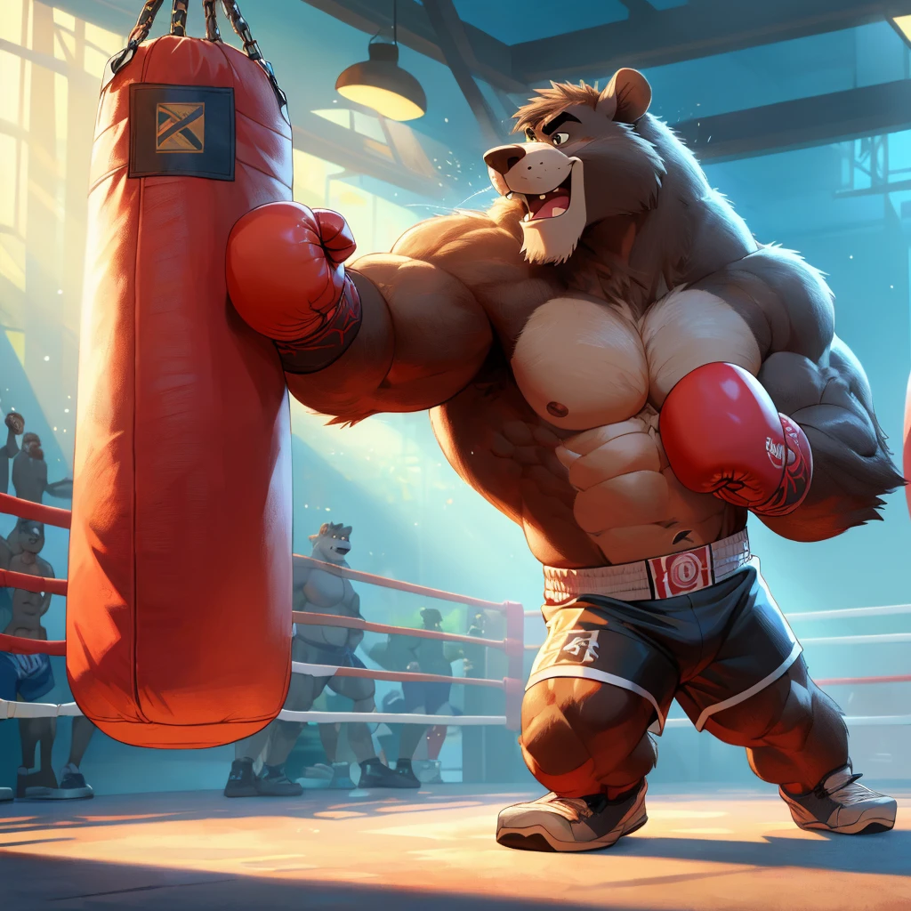 Baloo's training for the boxing championship, dark fur, thick arm, huge arm, Dark hair, muscular, pectoral, wide pectoral, realistic, 8k, masterpiece, (wearing black shorts, wristbands and shirtless:1.3, topless, shoes) punching the punching bag, jungle book disney art