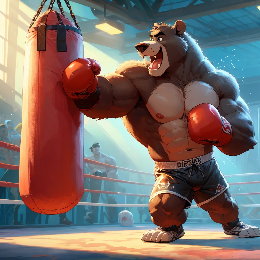 Baloo's training for the boxing championship, dark fur, thick arm, huge arm, Dark hair, muscular, pectoral, wide pectoral, realistic, 8k, masterpiece, (wearing black shorts, wristbands and shirtless:1.3, topless, shoes) punching the punching bag, jungle book disney art