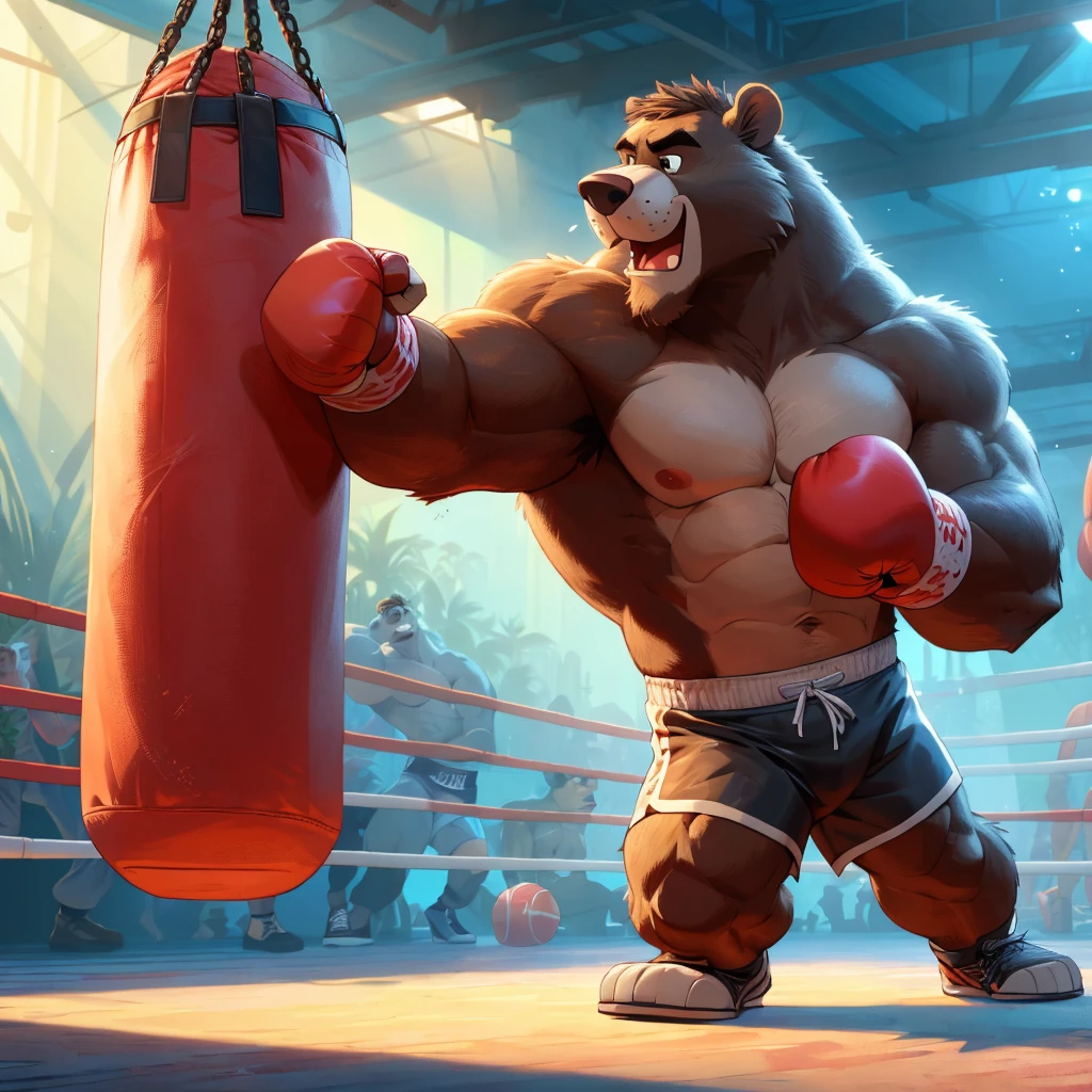 Baloo's training for the boxing championship, dark fur, thick arm, huge arm, Dark hair, muscular, pectoral, wide pectoral, realistic, 8k, masterpiece, (wearing black shorts, wristbands and shirtless:1.3, topless, shoes) punching the punching bag, jungle book disney art