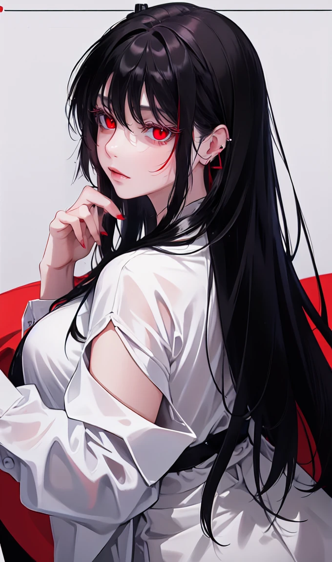 1girl, earrings, solo,lips, female focus, red eyes, looking at viewer, black hair, long hair, closed mouth
