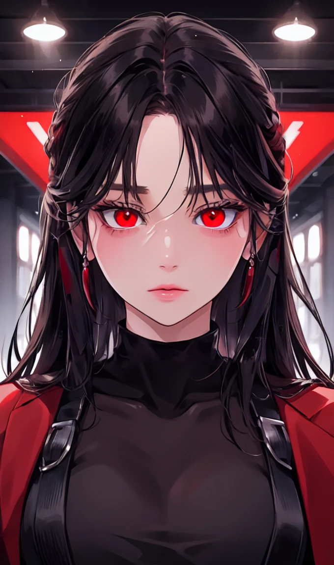 1girl, earrings, solo,lips, female focus, red eyes, looking at viewer, black hair, long hair, closed mouth