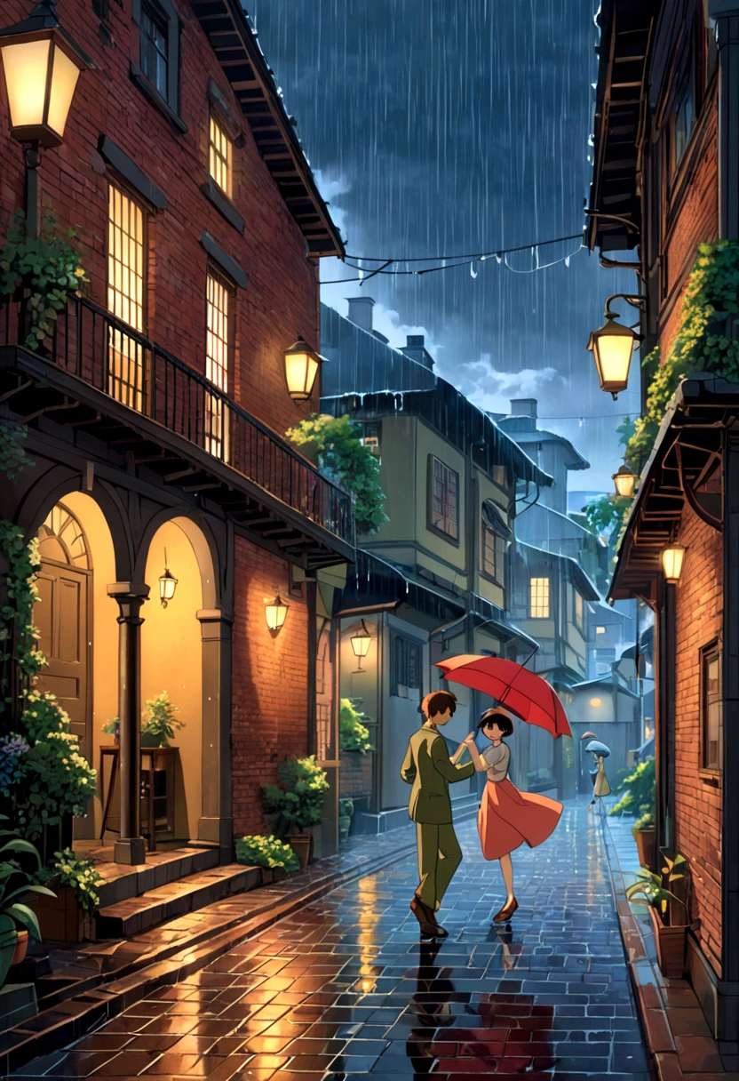 (Ghibli style, Dancing in the Rain), A couple is dancing in the park after rain. They are wearing lightweight dance clothes, surrounded by wet grass and flickering lights. The breeze blows, bringing a hint of coolness. The background is the park after rain, full body, (anime style illustration), panoramic view, award-winning, cinematic still, emotional, vignette, dynamic, vivid, (masterpiece, best quality, Professional, perfect composition, very aesthetic, absurdres, ultra-detailed, intricate details:1.3)