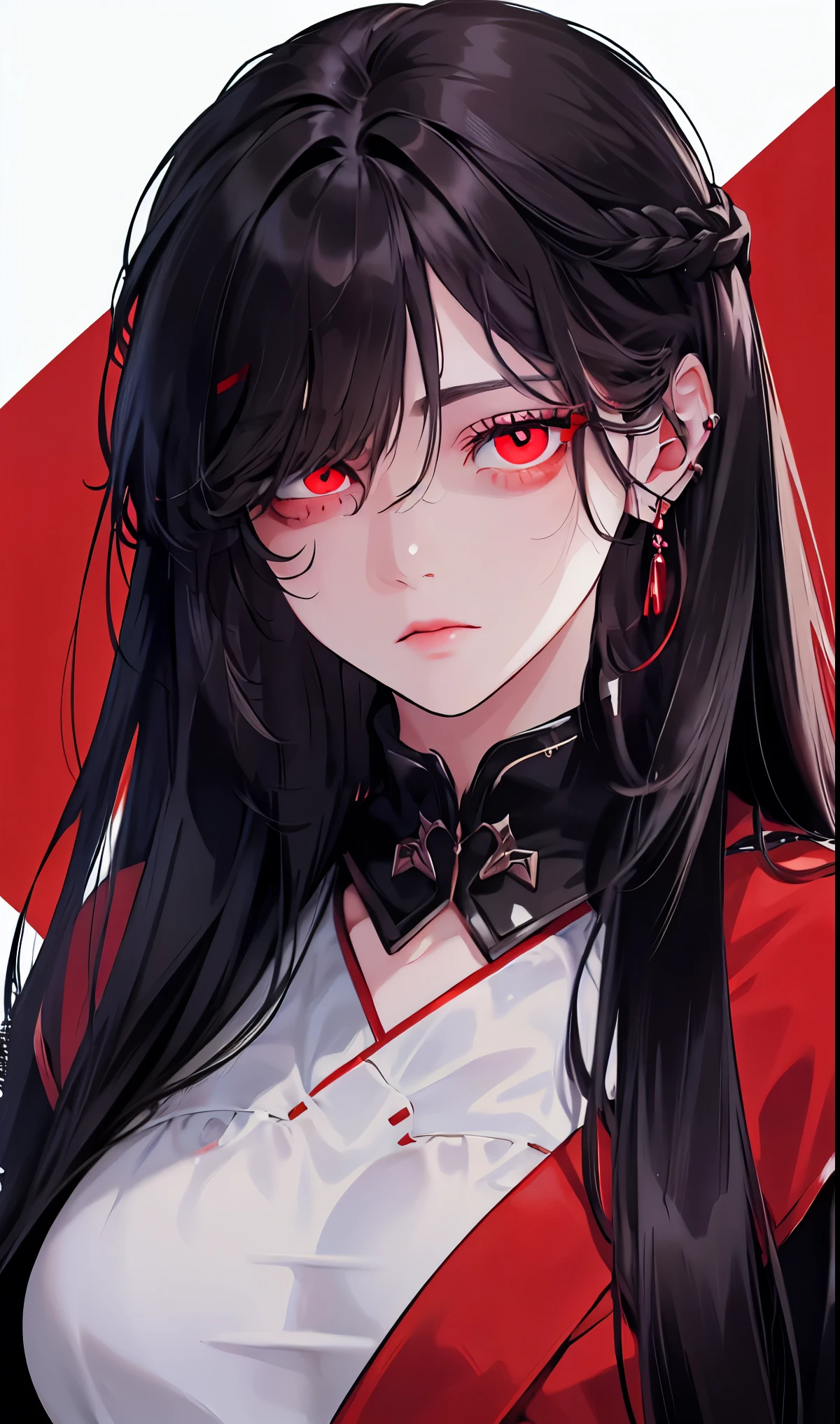 1girl, earrings, solo,lips, female focus, red eyes, looking at viewer, black hair, long hair, closed mouth