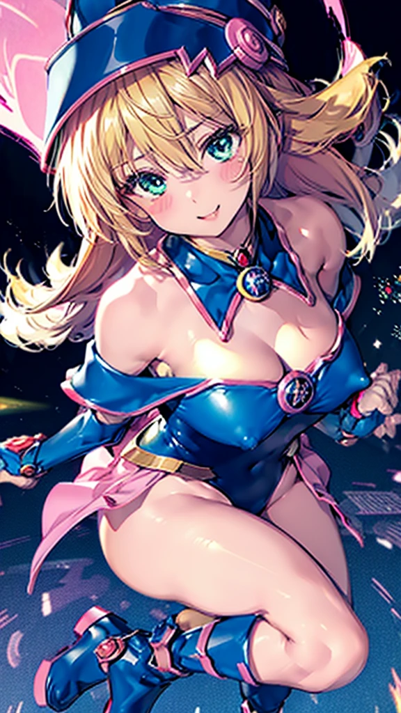 Black Magician Girl、super breasts、thick thighs、blonde hair、magic circle、8K, 4K, highest quality, High resolution: 1.2)、Nipples exposed、cute anime face、Pink blush on cheeks、noise removal、Leotard that bites into、Turning around、full body portrait、T-back that digs into your butt、Glowing green eyes、Laughter、Yu-Gi-Oh