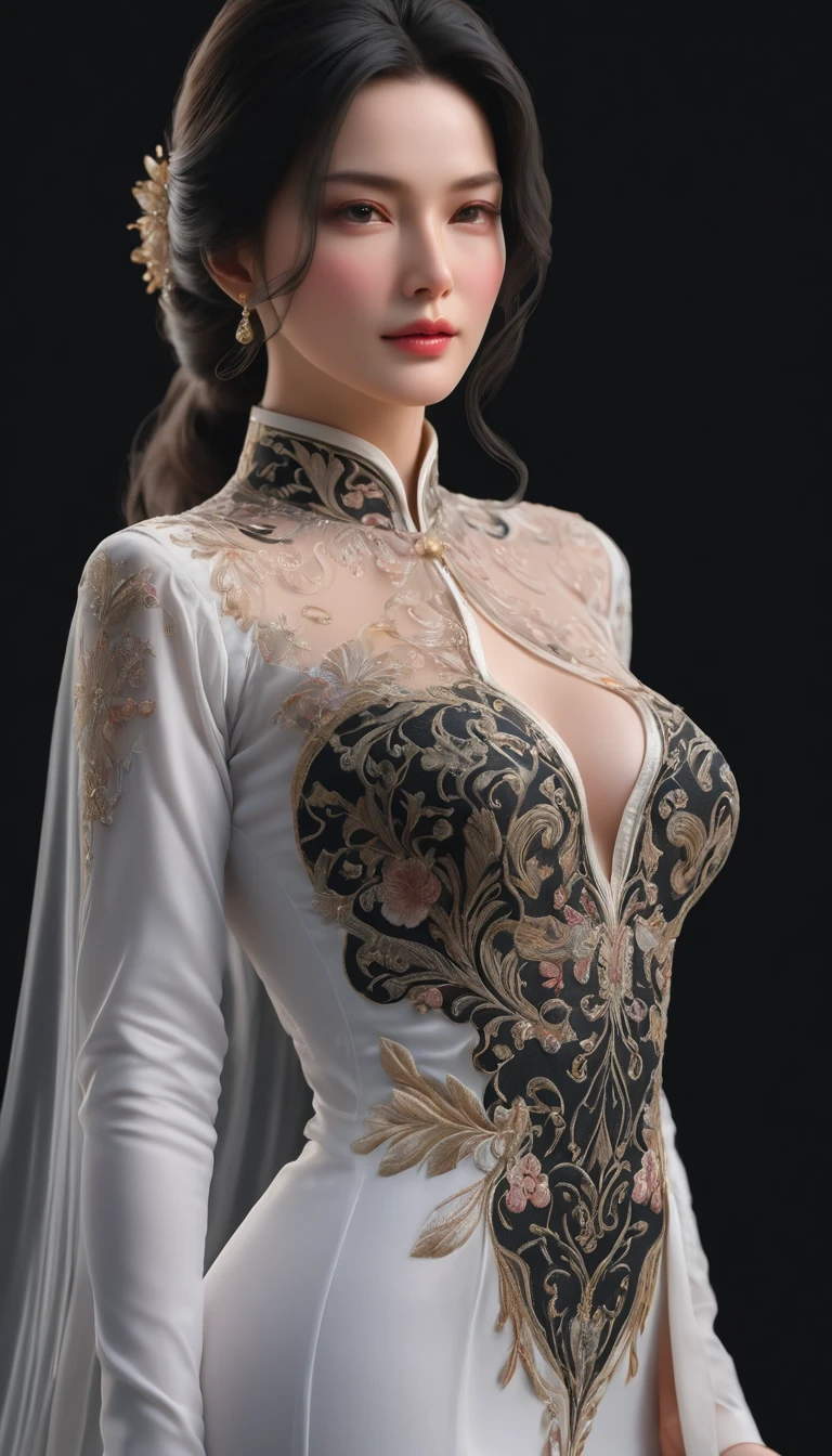 ((最大16K解像度のmasterpiece:1.6)),beautiful,Highest quality,Absolutely wonderful,Very detailed,Ultra-high resolution,masterpiece,Realistic,Realistic,Increased depth of field,Cinematic Light, 
One elegant mature woman, Long black hair,beautiful顔,Very detailedな顔の表現,Face with a gentle expression,Transparent white skin,Very delicate skin texture,Great proportions,Anatomically correct body, 
Elegant high slit dress,Gorgeous colors,Gorgeous and detailed pattern,Beautifully detailed pattern,Detailed cloth texture,
Black Background,
Focus on the upper body,((Face close-up:1.5)),