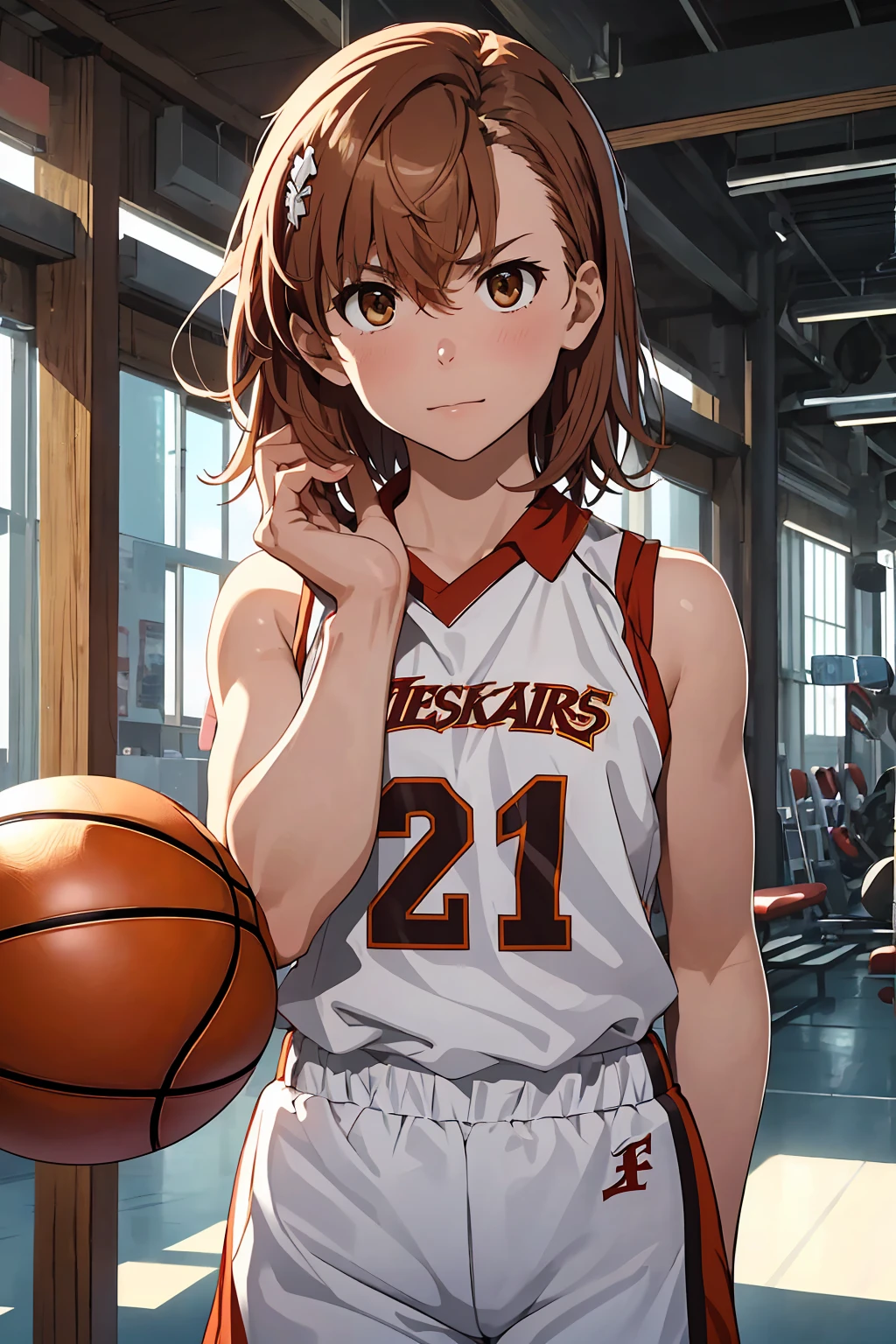 (Highest quality:1.5, High resolution, 超High resolution, 4K, Detailed lighting, Shaders), ((Misaka Mikoto)) ,Solo Shorthair Brown Hair Brown eyes Cool face ((Basketball Uniform))++ Realistic Gym Sweat Super fatty muscle Preparing for exercise No ball Sleeveless Cowboy Shot