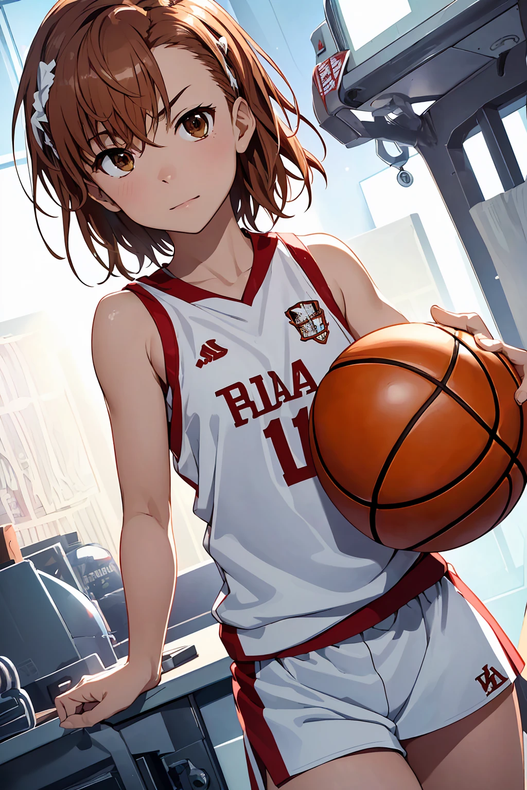 (Highest quality:1.5, High resolution, 超High resolution, 4K, Detailed lighting, Shaders), ((Misaka Mikoto)) ,Solo Shorthair　Brown Hair　Brown eyes　Cool face　　((Basketball Uniform))++　Realistic Gym　 Sweat　Super fatty muscle　　Preparing for exercise　No ball　Sleeveless　Cowboy Shot