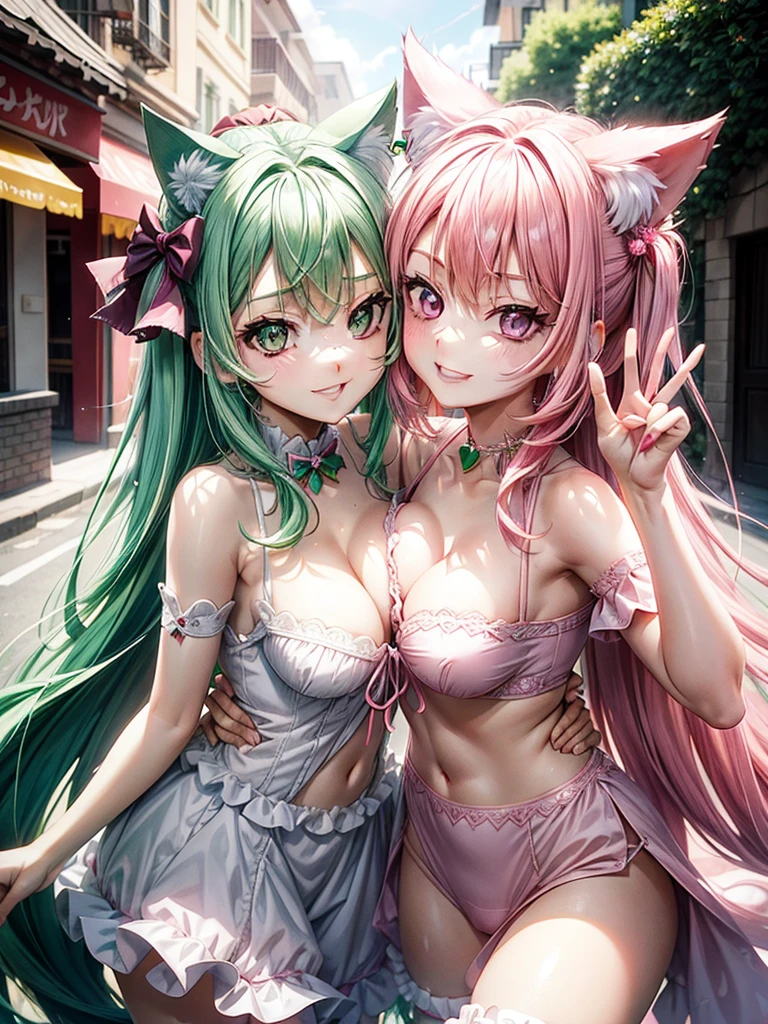 (( Pink emerald green hair color)), pink eyes,y woman, cat ears, hearts, floating hearts, face only, long hair, smiling, hair ornament, up close face, closed mouth smile, up closeface, hair bows, sexody