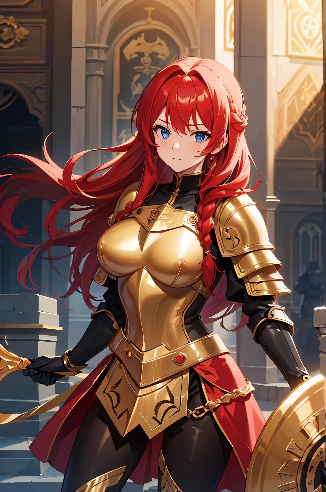 4K,High resolution,One Woman,Red Hair,long hair,Braid,Blue Eyes,Big Breasts,knight,Golden Armor,Full Armor,Golden gloves,Golden shoes,Red Cape,Black leggings,Jewelry decoration,hair band,Long sword,Inside a medieval castle