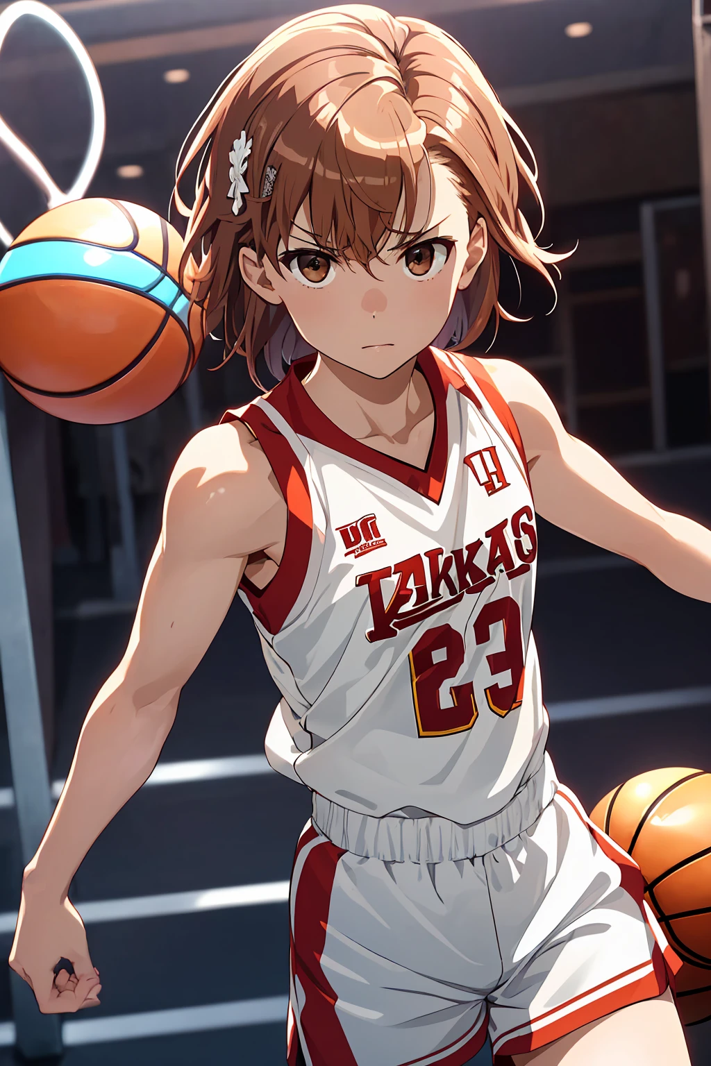 (Highest quality:1.5, High resolution, 超High resolution, 4K, Detailed lighting, Shaders), ((Misaka Mikoto)) ,Solo Shorthair　Brown Hair　Brown eyes　Cool face　　((Basketball Uniform))++　Realistic Gym　 Sweat　Super fatty muscle　　Preparing for exercise　No ball　Sleeveless　Cowboy Shot