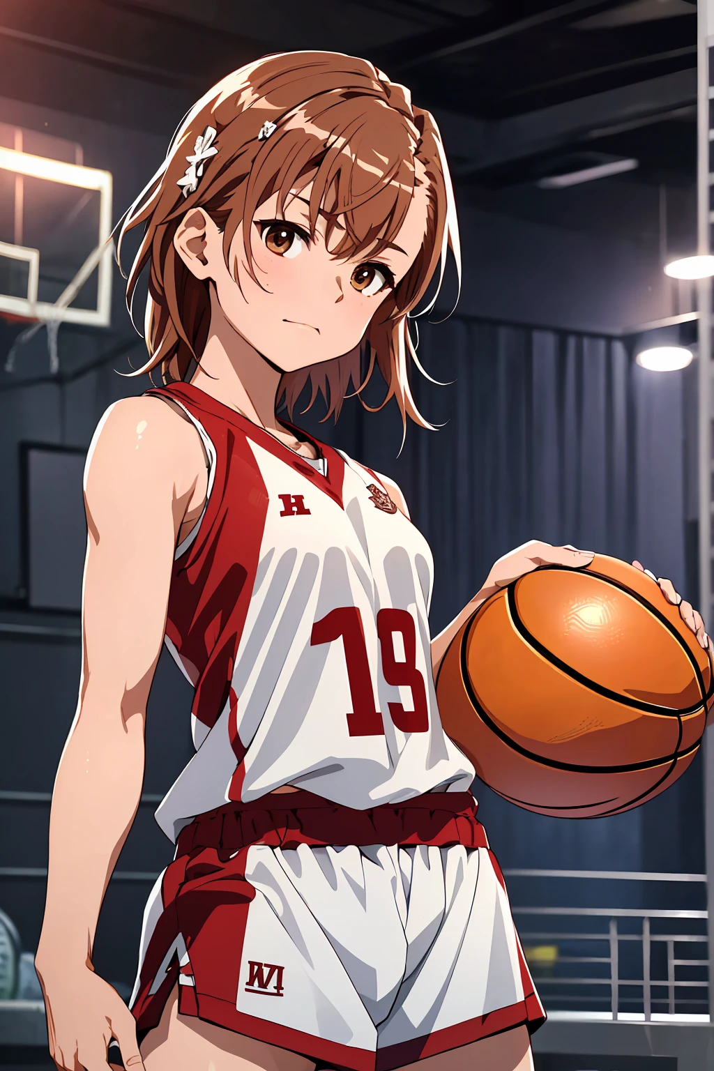 (Highest quality:1.5, High resolution, 超High resolution, 4K, Detailed lighting, Shaders), ((Misaka Mikoto)) ,Solo Shorthair Brown Hair Brown eyes Cool face ((Basketball Uniform))++ Realistic Gym Sweat Super fatty muscle Preparing for exercise No ball Sleeveless Cowboy Shot