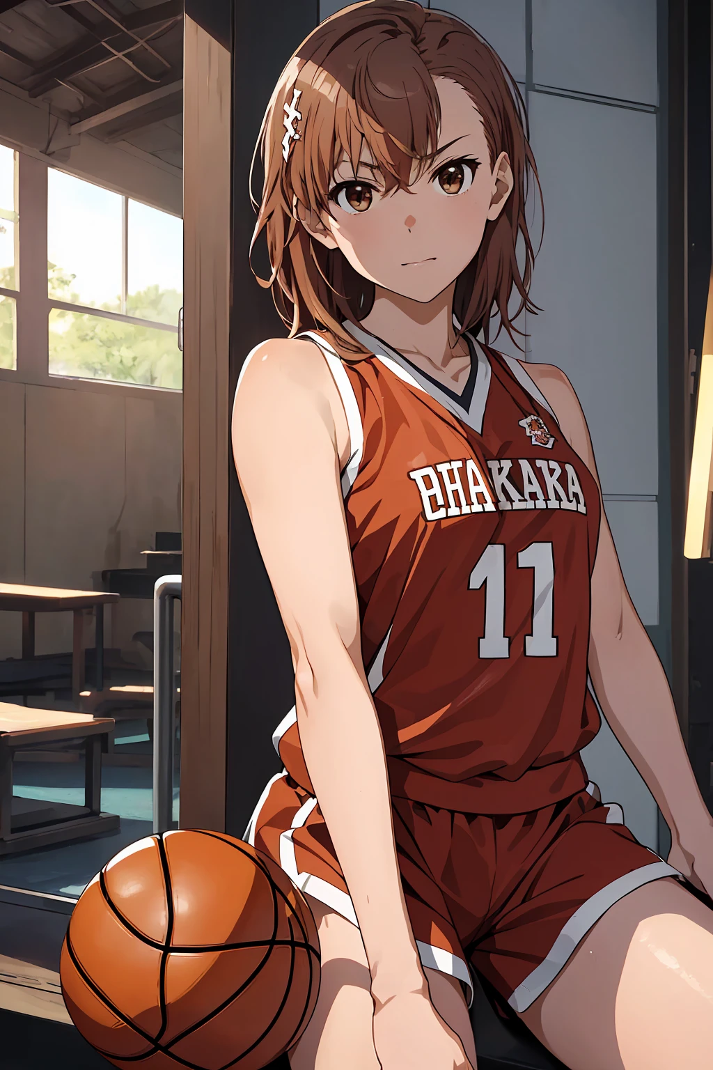 (Highest quality:1.5, High resolution, 超High resolution, 4K, Detailed lighting, Shaders), ((Misaka Mikoto)) ,Solo Shorthair　Brown Hair　Brown eyes　Cool face　　((Basketball Uniform))++　Realistic Gym　 Sweat　Super fatty muscle　　Preparing for exercise　No ball　Sleeveless　Cowboy Shot