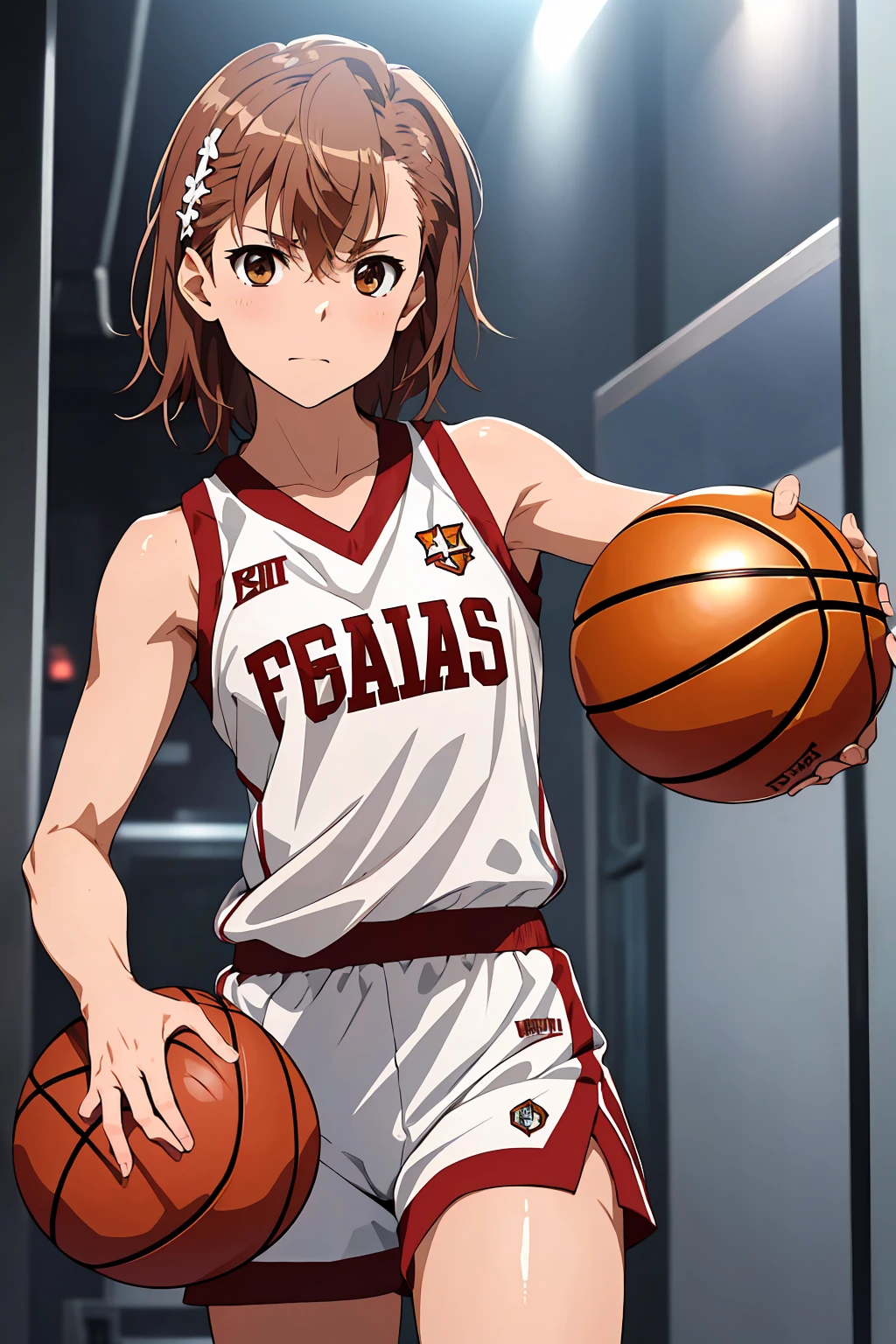 (Highest quality:1.5, High resolution, 超High resolution, 4K, Detailed lighting, Shaders), ((Misaka Mikoto)) ,Solo Shorthair　Brown Hair　Brown eyes　Cool face　　((Basketball Uniform))++　Realistic Gym　 Sweat　Super fatty muscle　　Preparing for exercise　No ball　Sleeveless　Cowboy Shot