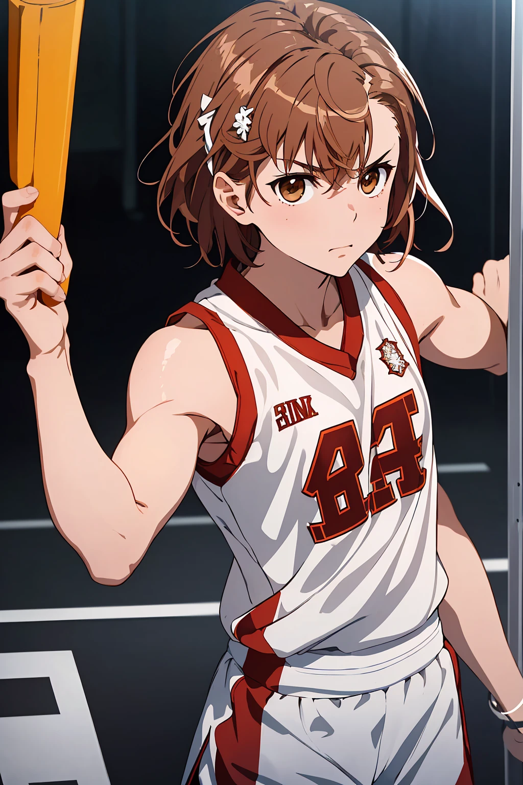 (Highest quality:1.5, High resolution, 超High resolution, 4K, Detailed lighting, Shaders), ((Misaka Mikoto)) ,Solo Shorthair　Brown Hair　Brown eyes　Cool face　　((Basketball Uniform))++　Realistic Gym　 Sweat　Super fatty muscle　　Preparing for exercise　No ball　Sleeveless　Cowboy Shot