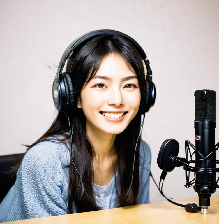 A Japanese woman broadcasting a radio show、Hair is black、Shortcuts、looks fun、smile、
