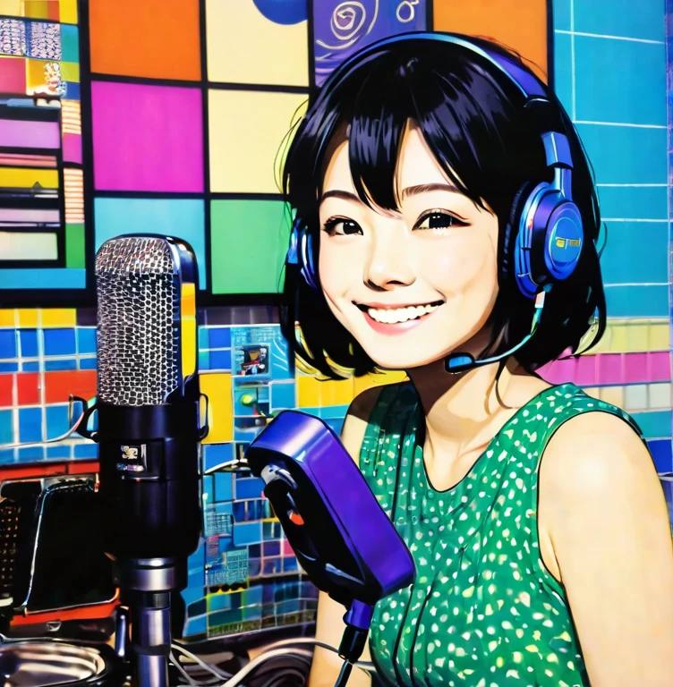 A Japanese woman broadcasting a radio show、Hair is black、Shortcuts、looks fun、smile、