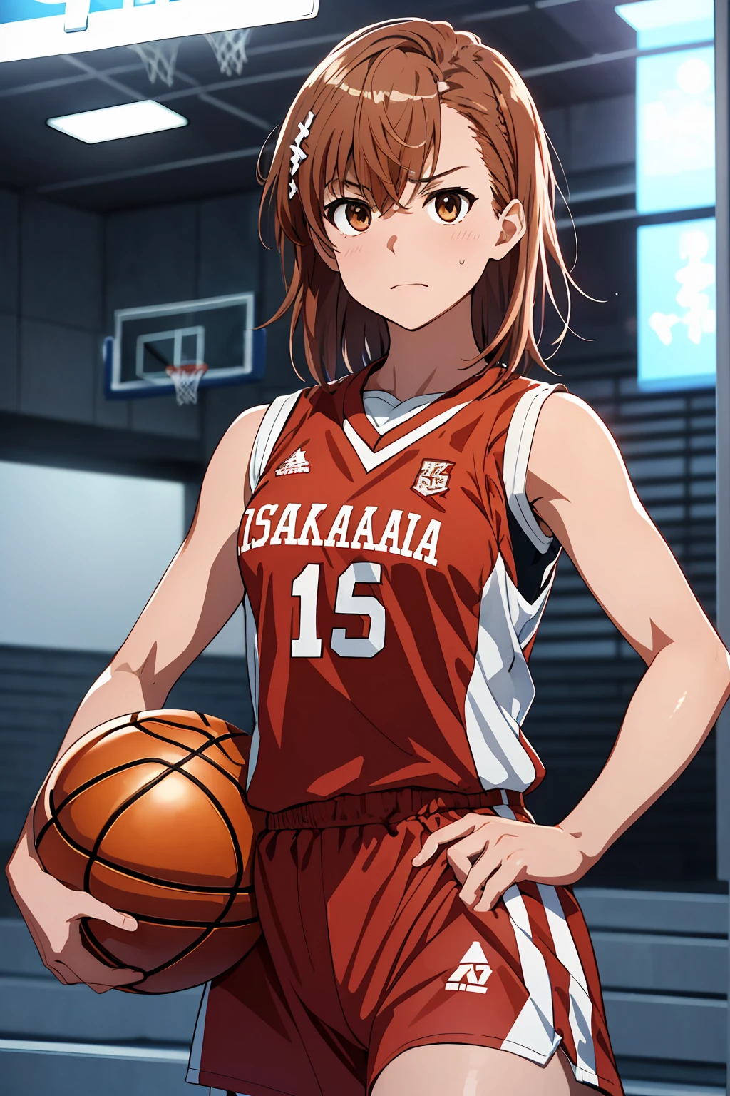 (Highest quality:1.5, High resolution, 超High resolution, 4K, Detailed lighting, Shaders), ((Misaka Mikoto)) ,Solo Shorthair Brown Hair Brown eyes Cool face ((Basketball Uniform))++ Realistic Gym Sweat Super fatty muscle Preparing for exercise No ball Sleeveless Cowboy Shot