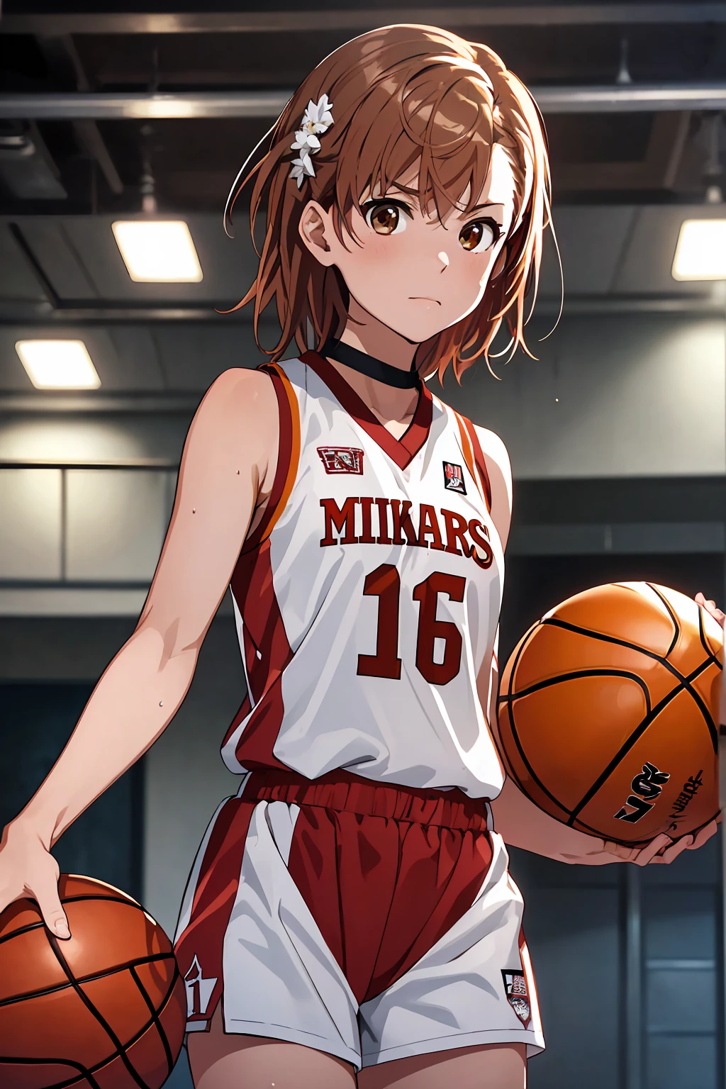 (Highest quality:1.5, High resolution, 超High resolution, 4K, Detailed lighting, Shaders), ((Misaka Mikoto)) ,Solo Shorthair Brown Hair Brown eyes Cool face ((Basketball Uniform))++ Realistic Gym Sweat Super fatty muscle Preparing for exercise No ball Sleeveless Cowboy Shot