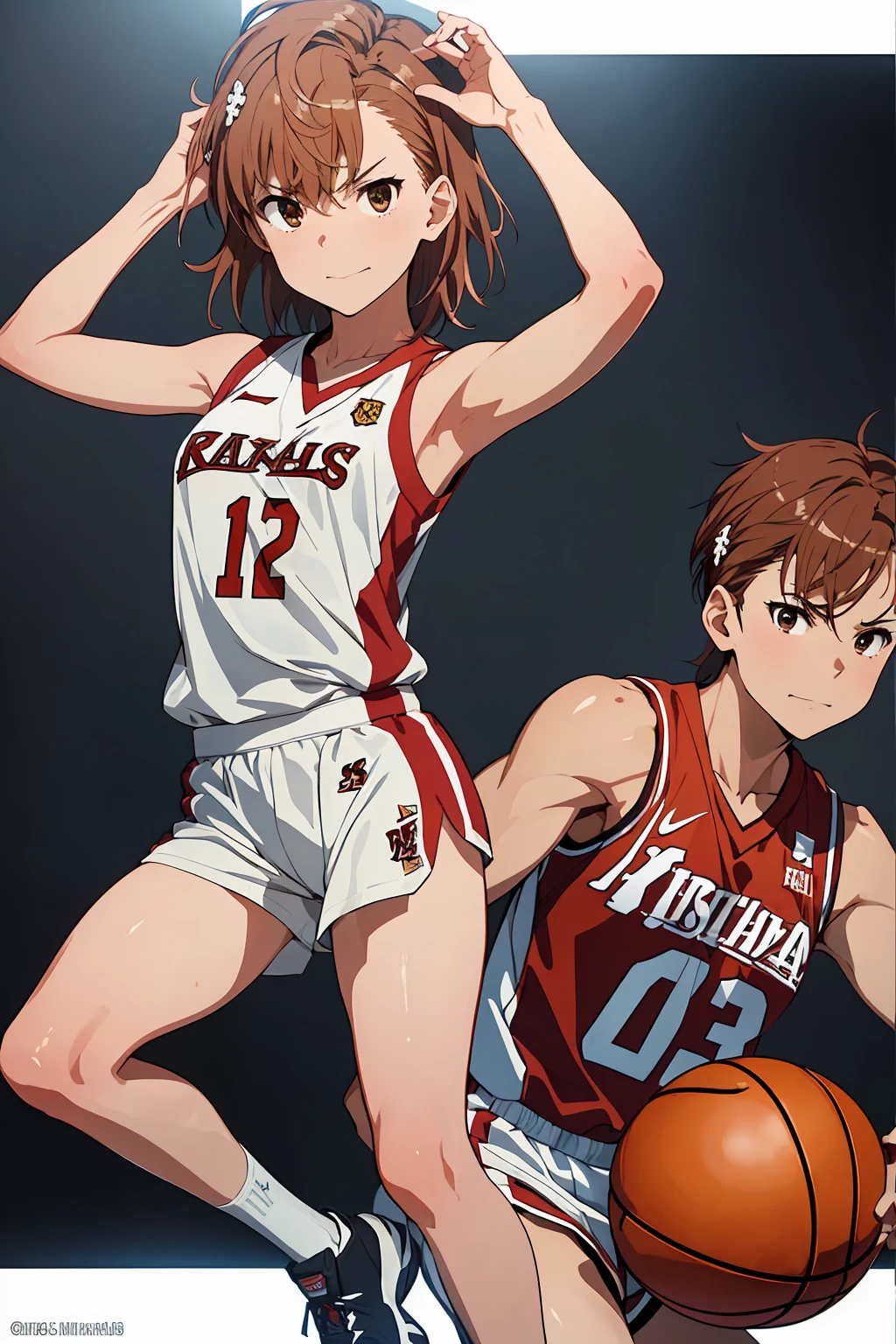 (Highest quality:1.5, High resolution, 超High resolution, 4K, Detailed lighting, Shaders), ((Misaka Mikoto)) ,Solo Shorthair　Brown Hair　Brown eyes　Cool face　　((Basketball Uniform))++　Realistic Gym　 Sweat　Super fatty muscle　　Preparing for exercise　No ball　Sleeveless　Cowboy Shot
