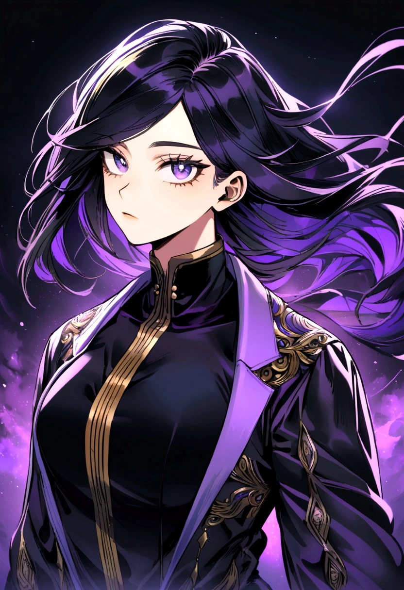 a pretty teenage girl with black hair with purple tips and loose hair bangs, with an all-black sleeveless and high-necked suit MY HERO ACADEMIA STYLE