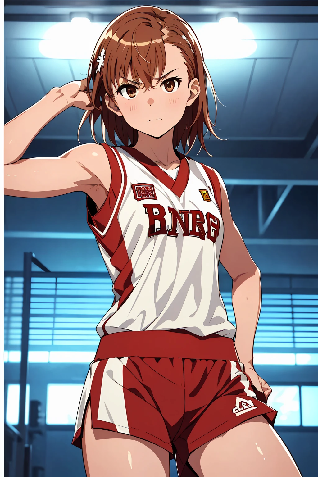 (Highest quality:1.5, High resolution, 超High resolution, 4K, Detailed lighting, Shaders), ((Misaka Mikoto)) ,Solo Shorthair　Brown Hair　Brown eyes　Cool face　　((Basketball Uniform))++　Realistic Gym　 Sweat　Super fatty muscle　　Preparing for exercise　No ball　Sleeveless　Cowboy Shot