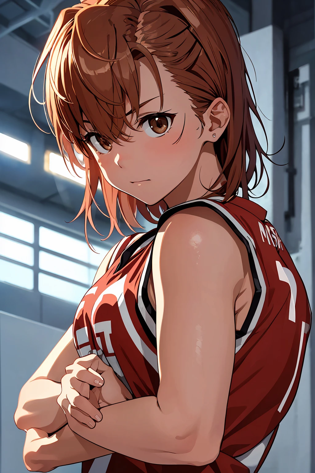 (Highest quality:1.5, High resolution, 超High resolution, 4K, Detailed lighting, Shaders), ((Misaka Mikoto)) ,Solo Shorthair　Brown Hair　Brown eyes　Cool face　　((Basketball Uniform))++　Realistic Gym　 Sweat　Super fatty muscle　　Preparing for exercise　No ball　Sleeveless　Cowboy Shot