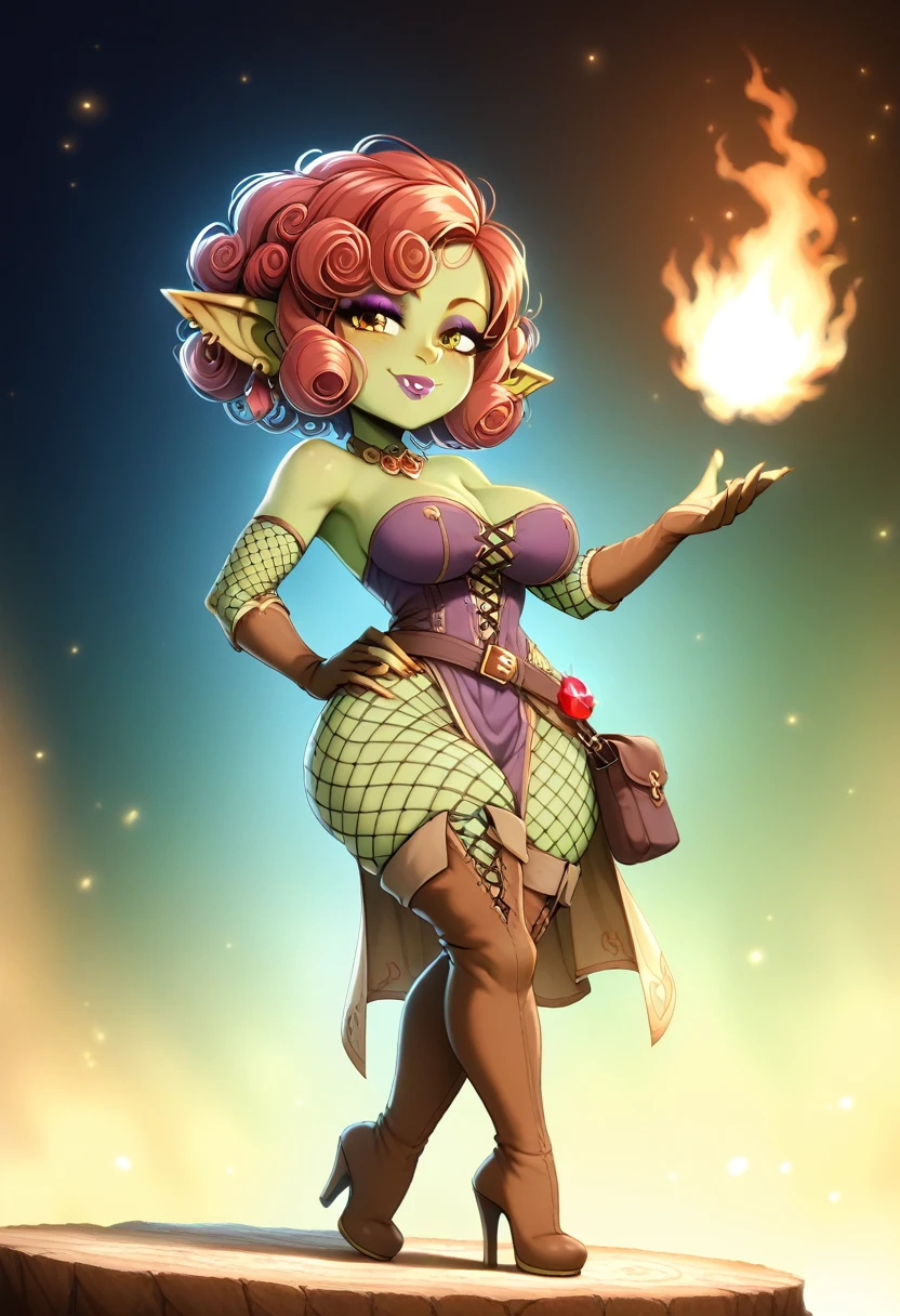 Girl, goblin girl, goblin, green skin, short, short stature, short hair, red hair, curly hair, large breasts, long gloves, thigh boots, pouty lips, masterpiece, best quality, sexy, dynamic pose, 8k, shortstack, sfw, shiny, fantasy, dungeons and dragons, high heels,  fishnets, holding, dark green skin, adventurer, slutty pose, sorcerer, sorceress, pyromancer, fire and ice, magic, fire and ice magic, long detailed slutty colorful dress, thigh pouch, very curly hair, lots of belts, curly hairstyle, lipstick, rosy cheeks, smile, eyeshadow, eye liner, knife belt on hip