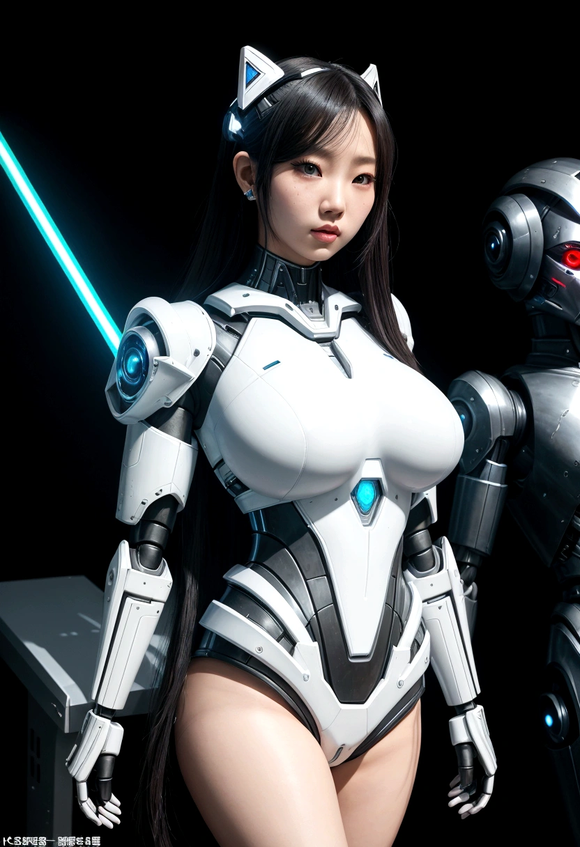 asian woman, standing, stop FRONT VIEW, tez blanca, korean, tits, futuristic clothing, modern outfit provided, NO DEFORMATIONS, beautiful, robot, cyborg, android, light, laser, League of Legends, splah art, sexy, the payment, chrome, Metal, FNAF, Animatronic, White y negro, shadows, contrast, linda, beauty, goddess, kpop, Twice, Blackpink, warframe, robots, EVERGLOW, Aespa, idol, star wars, steel, iron, Metal, the payment, Dark, lingerie, Dorado, gold, lights, trails, cables, wires, doll, doll, doll, haydee. neutral background, armor, haydee, hair without bangs, hair on the sides, long straight hair, hair without bangs, hair on the sides, White, White, oppai, big tits, big tits, throw, general, DIRECTOR, big breast. lights celestes, light blue lights.