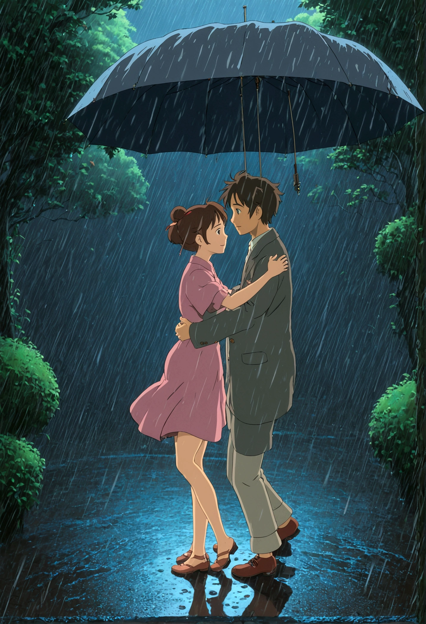 Dancing in the Rain, Studio Ghibli Style, Ghibli color, Miyazaki Hayao style, anime style, full body, cinematic still, cinemascope, best quality, masterpiece, very aesthetic, perfect composition, intricate details, ultra-detailed, vivid colors