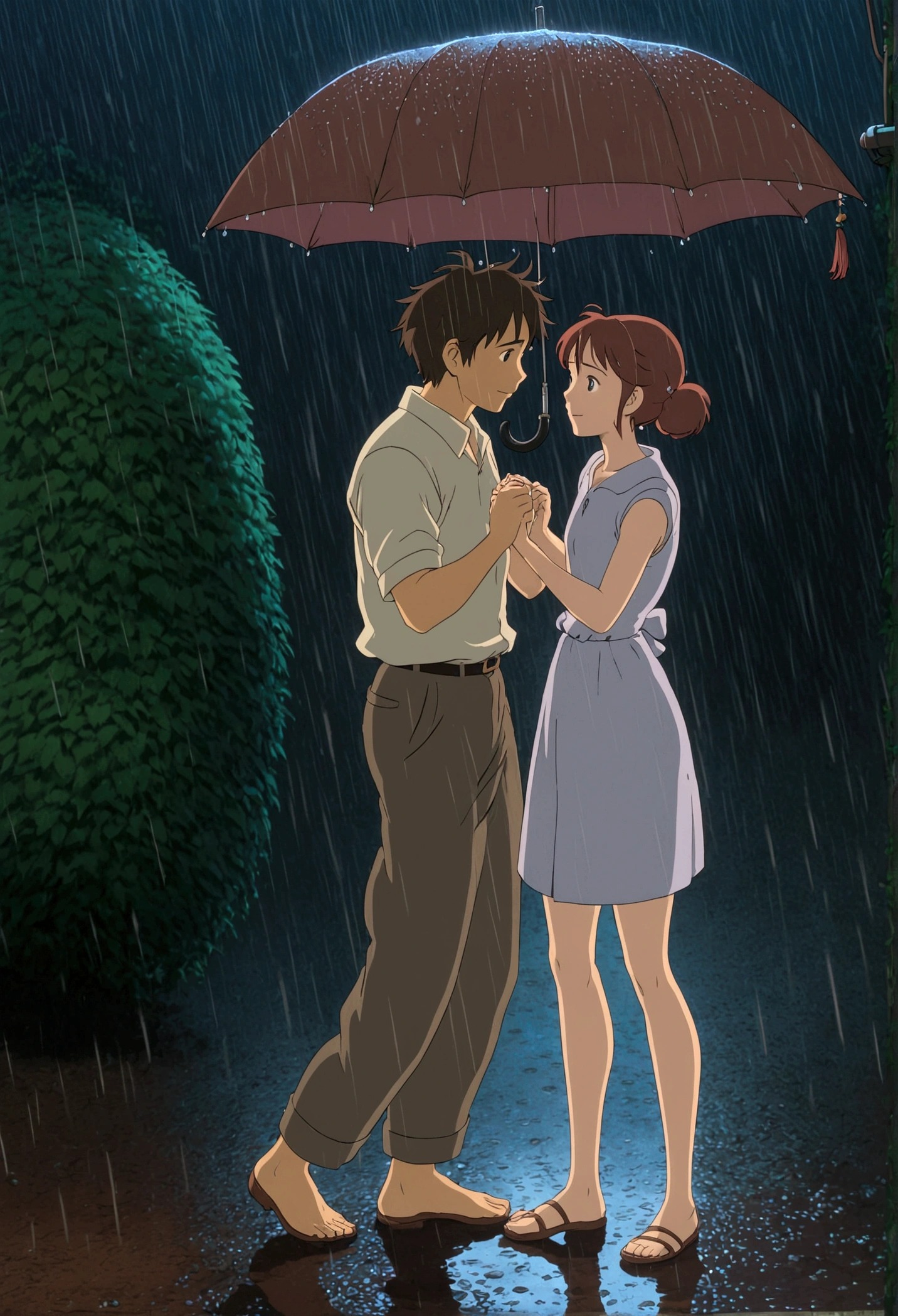 Dancing in the Rain, Studio Ghibli Style, Ghibli color, Miyazaki Hayao style, anime style, full body, cinematic still, cinemascope, best quality, masterpiece, very aesthetic, perfect composition, intricate details, ultra-detailed, vivid colors