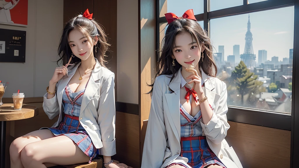 8K、RAW Photos、Highest quality、Super detailed、Super Resolution、Ultra HD、8K壁紙、Amazing details blazer uniform girl ((White blouse with formal collar, Blue Blazer,
Red Check Skirt, Red checkered ribbon on blouse)), Complete limbs, Full Finger,
(((((Inside the Starbucks store)))))、((16 year old female student))、(((((Eat cake、Drink coffee、smile)))))、(((Heart Necklace、Gold bracelet)))
(((Emphasize cleavage)))
(((((Woman sitting at the window seat)))))
(((((The red Tokyo Tower can be seen from the window.)))))
((((Full body photo、The whole body is visible、Full body portrait))))