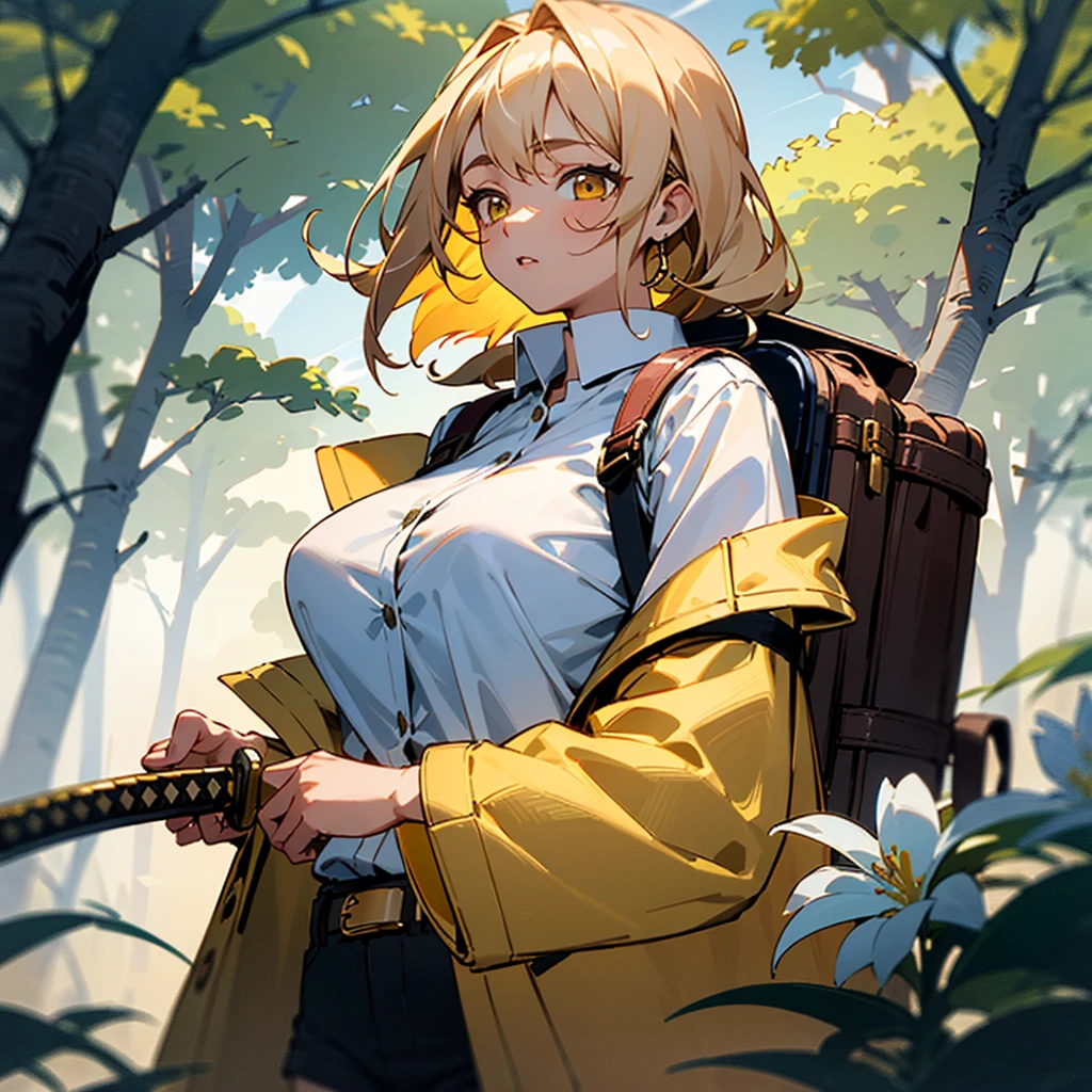 ((best quality)), ((masterpiece)), (detailed), off-shoulder sweater, Transparent body, Visible veins, Highly detailed, Upper body, one girl, young Korean woman with a Korean beautiful face, golden eyes and yellow sandy lush hair, tanned dark bronze skin, huge chest, dressed in an open coat with rolled up sleeves, a transparent unbuttoned shirt, a wide leather belt with gold yarn, leather shorts, a hiking backpack, a two-handed katana in sheathed, walking through the forest, trees with blue foliage and white flowers,